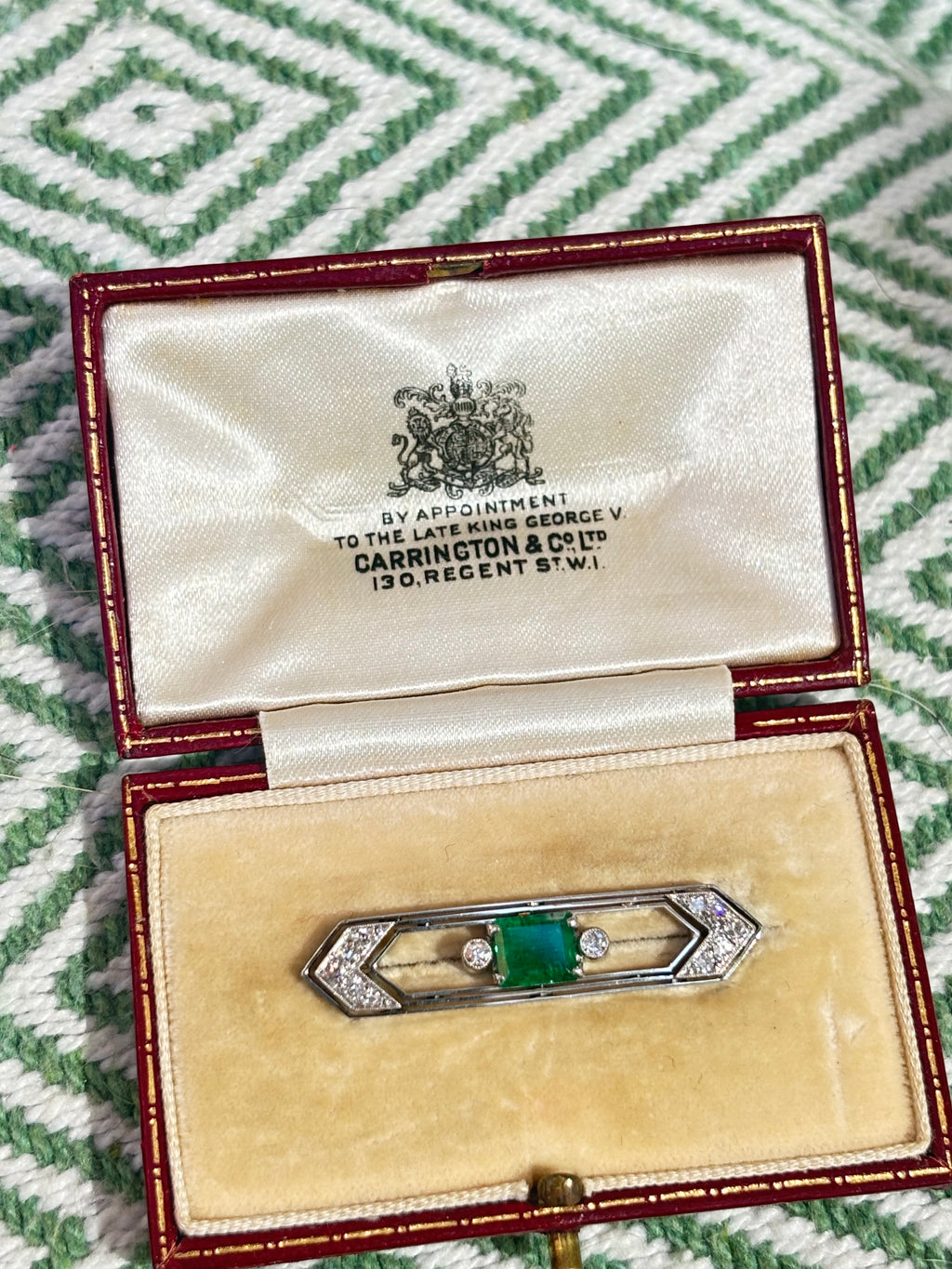 Art Deco Emerald Diamond Brooch, Carrington & Co. Fitted Case 1925-1935