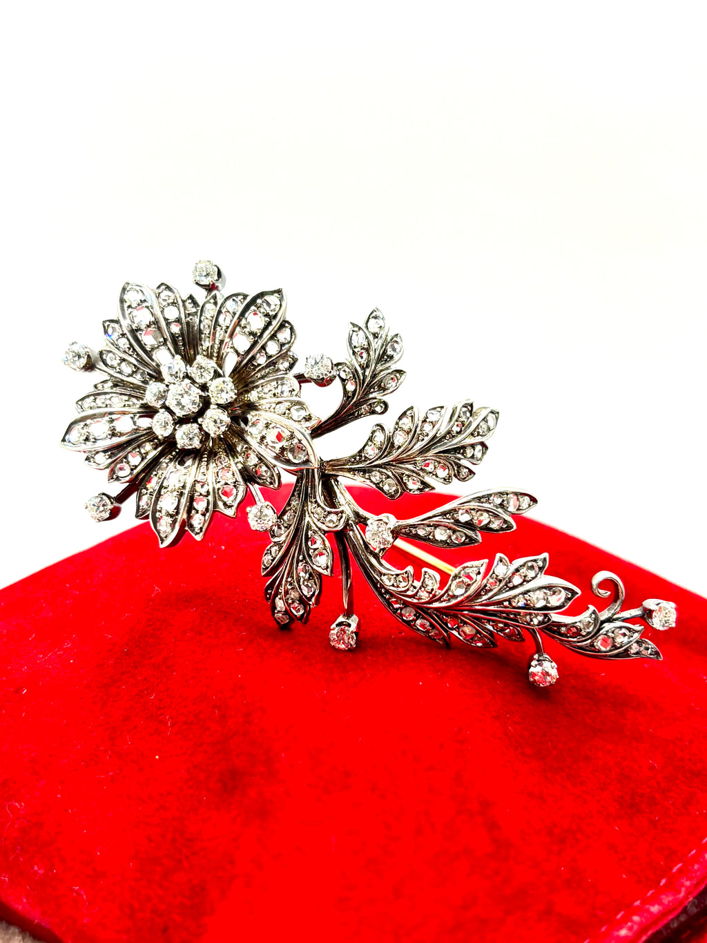 Late 19th Century Floral Spray Brooch with Old European and Rose Cut Diamonds, 8cm long