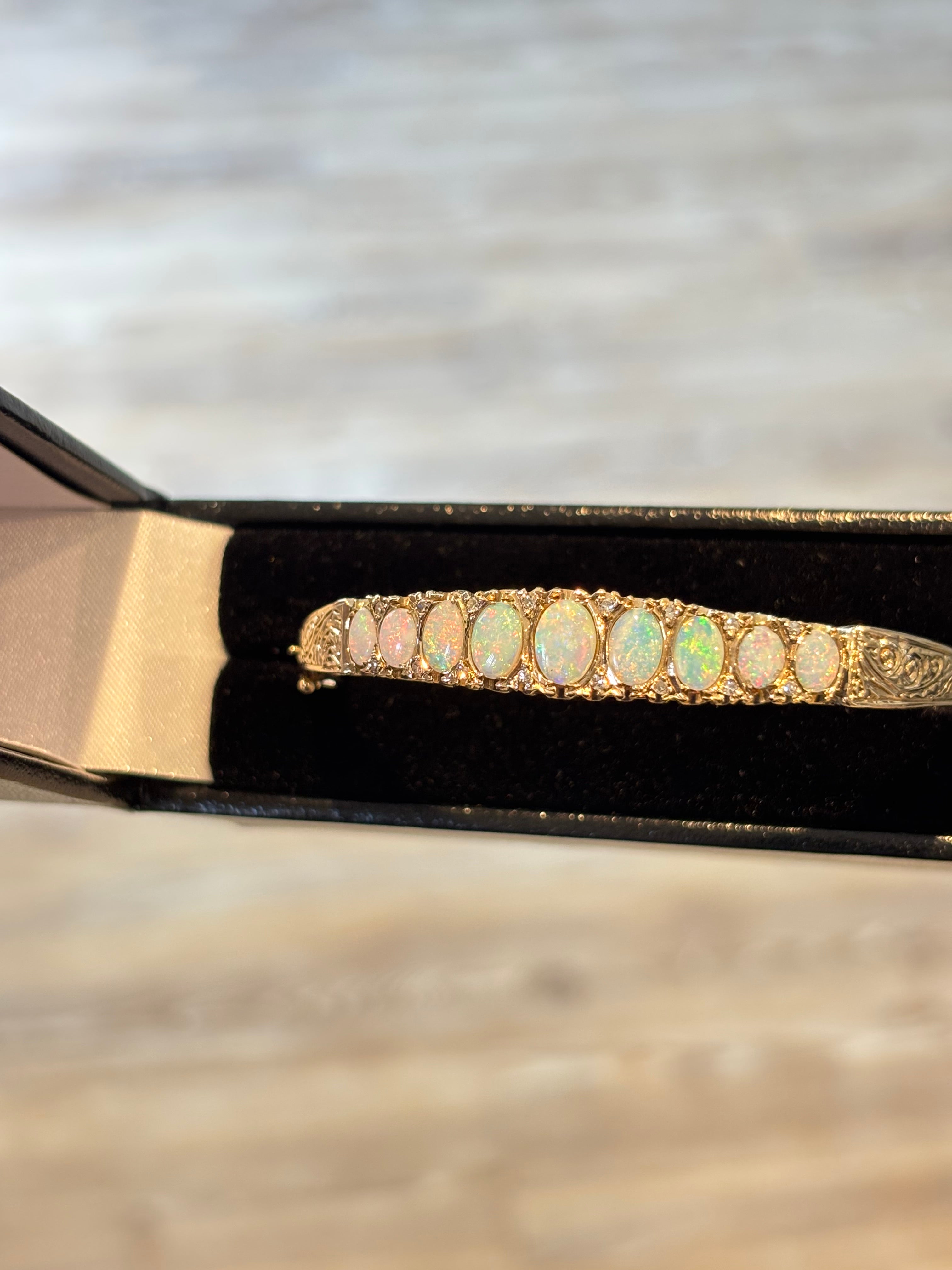 Vintage English 9 Carat Gold Opal and Diamond Victorian Revival Hinged Bangle Bracelet, London Hallmarks