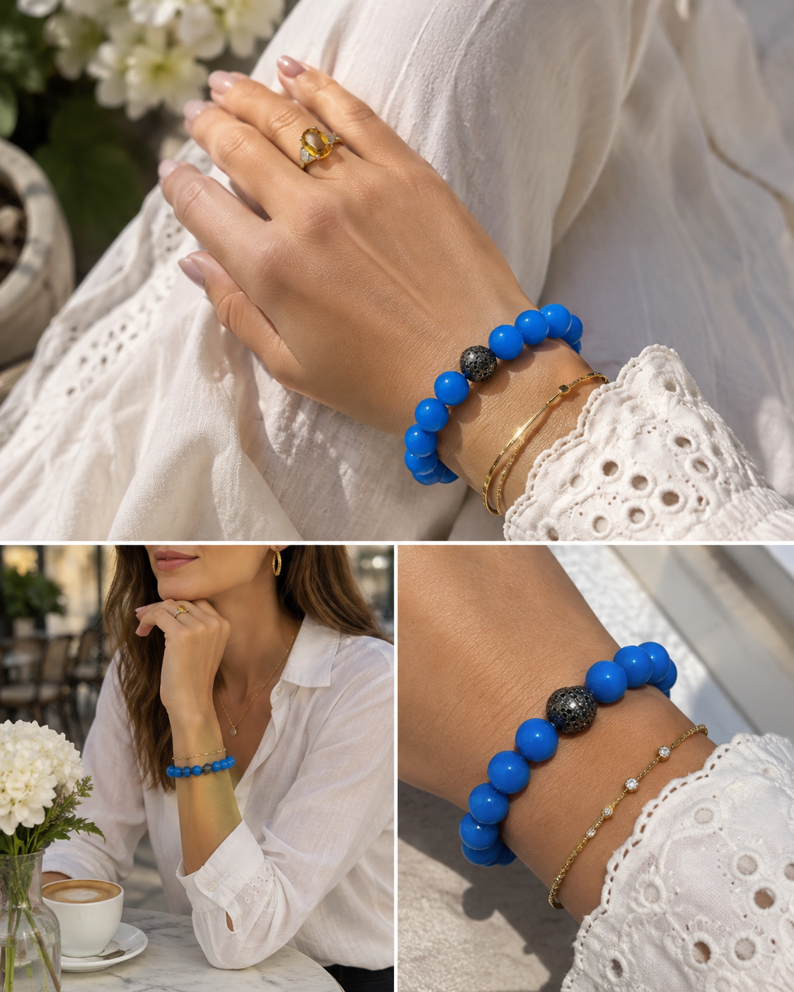 Blue Agate Bracelet with Black Diamond Pavé Sterling Silver Enhancer | 14mm Beads | 41g