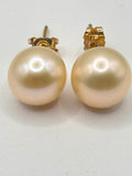18K Gold 10mm Cultured White Pearl Stud Earrings  Cream & Rose Overtones
