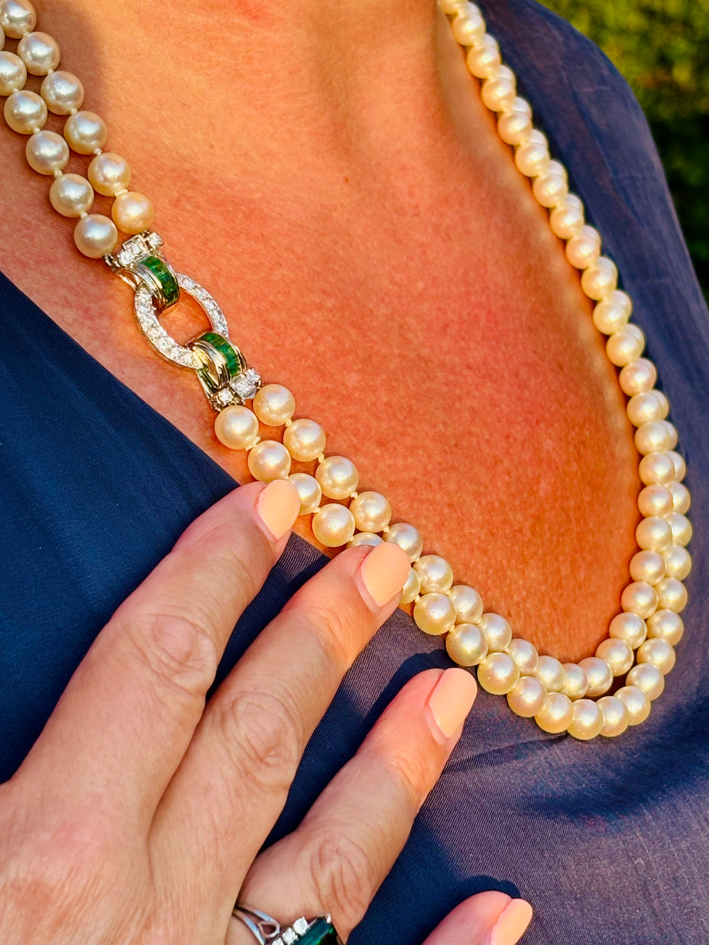 Exceptional Mid-Century Double-Strand Akoya Pearl Necklace 18K Gold Emeralds and Diamonds