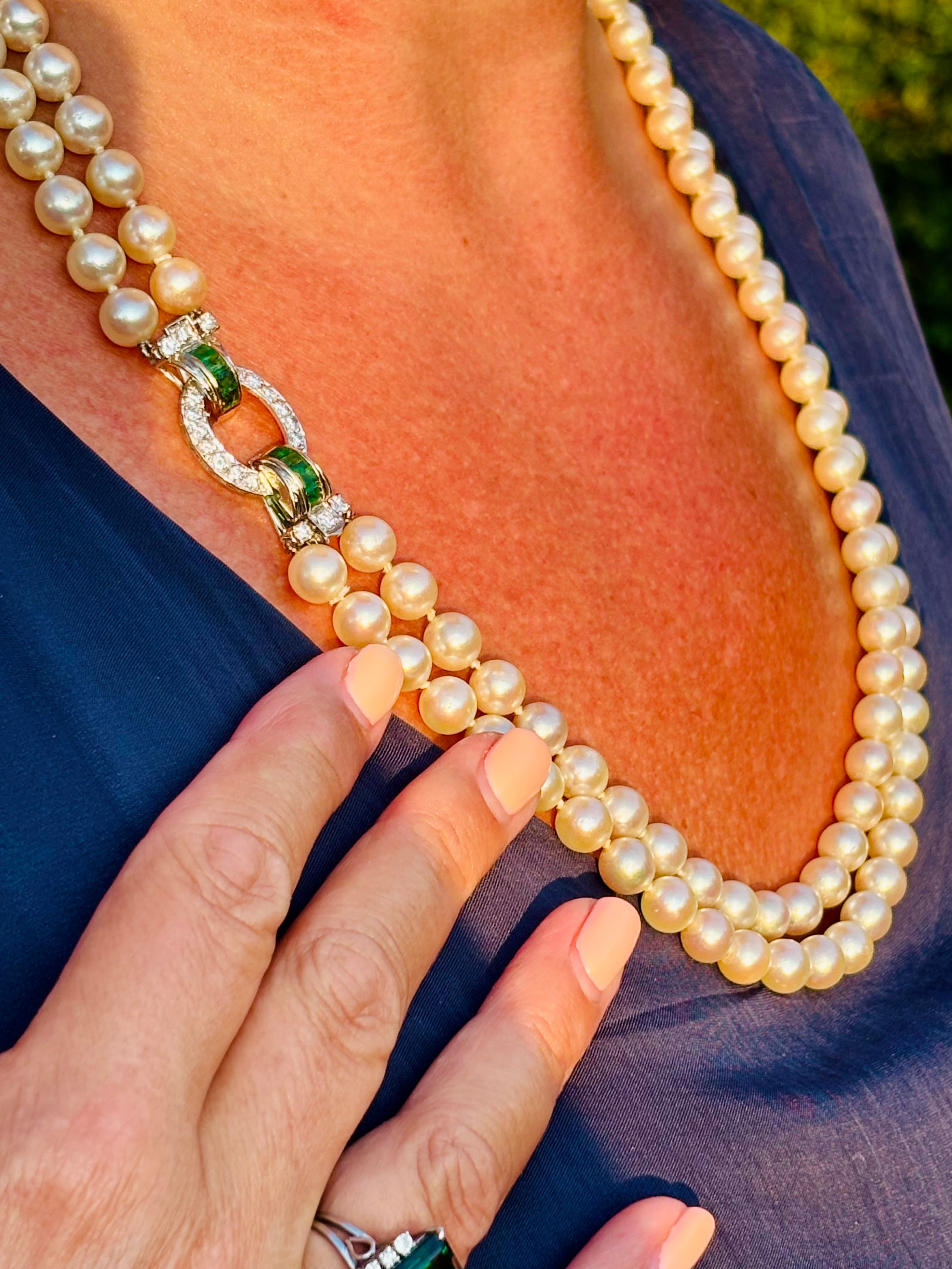 Exceptional Mid-Century Double-Strand Akoya Pearl Necklace 18K Gold Emeralds and Diamonds