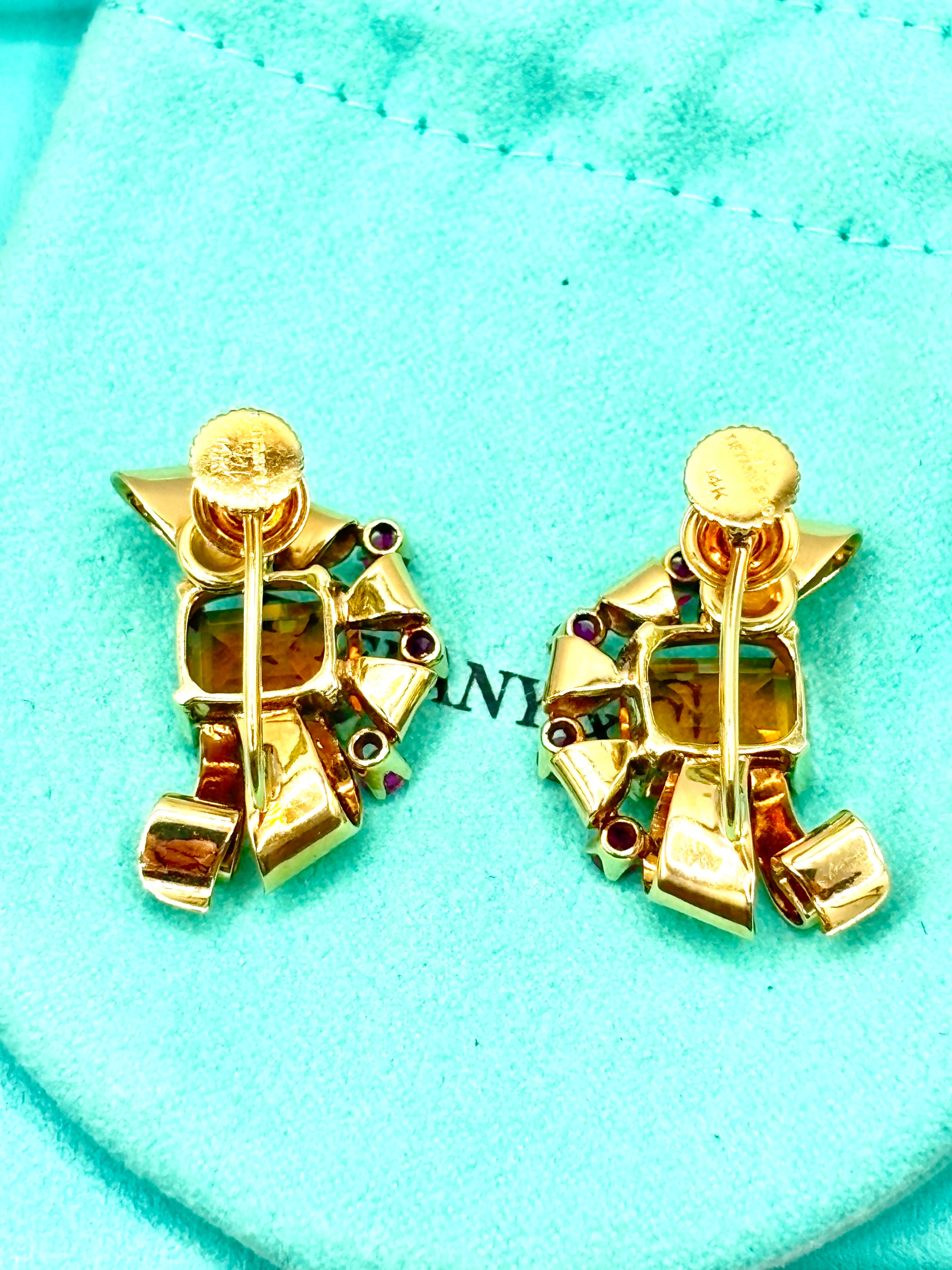Tiffany & Co Retro 14 Karat Gold Citrine and Ruby Earrings, Circa 1940