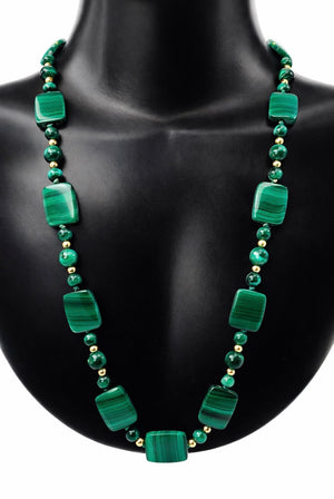 Vintage Malachite and 14K Gold Bead Necklace, Graduated Plaque Design, 50cm, 585 Clasp