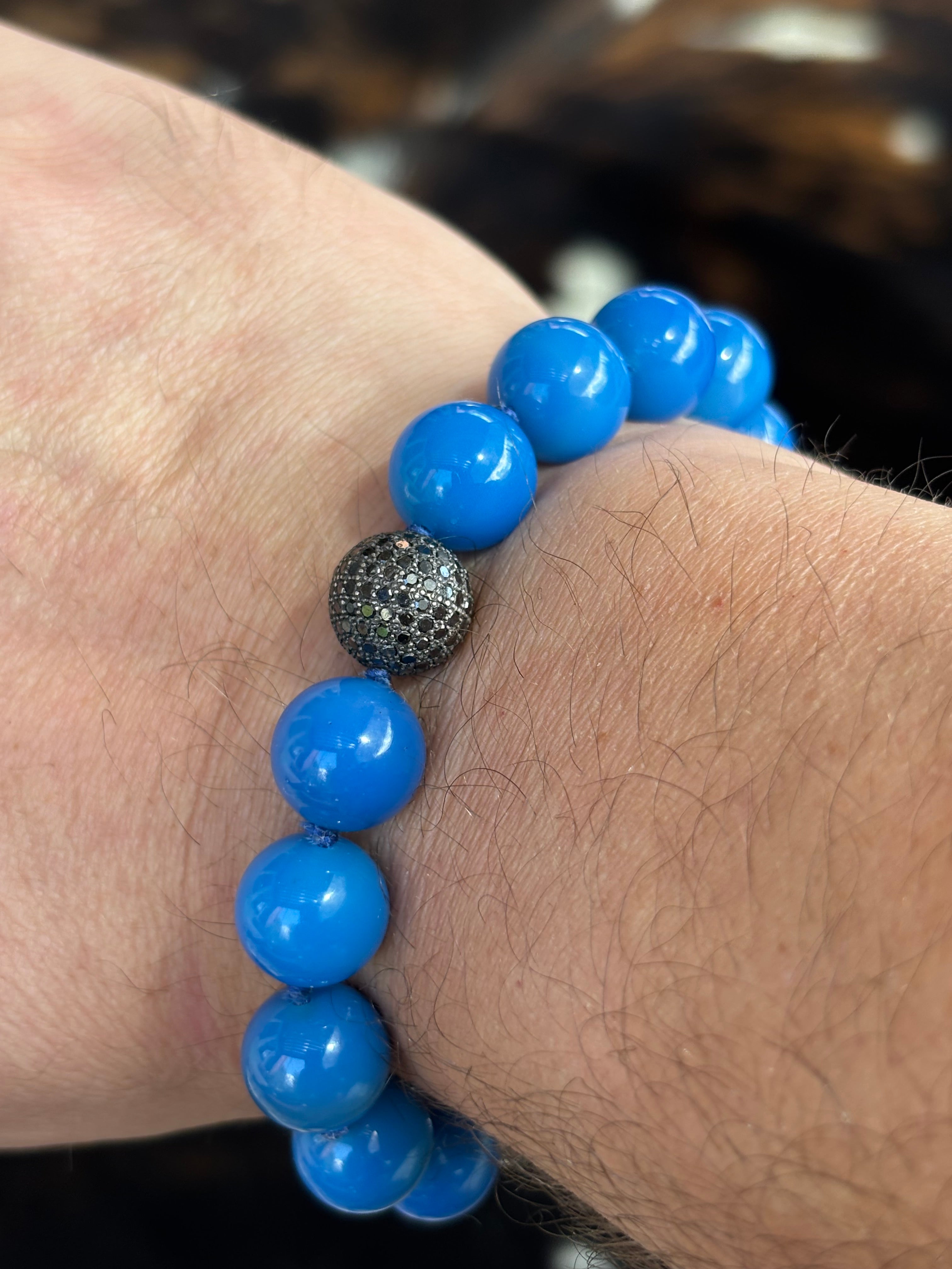 Blue Agate Bracelet with Black Diamond Pavé Sterling Silver Enhancer | 14mm Beads | 41g