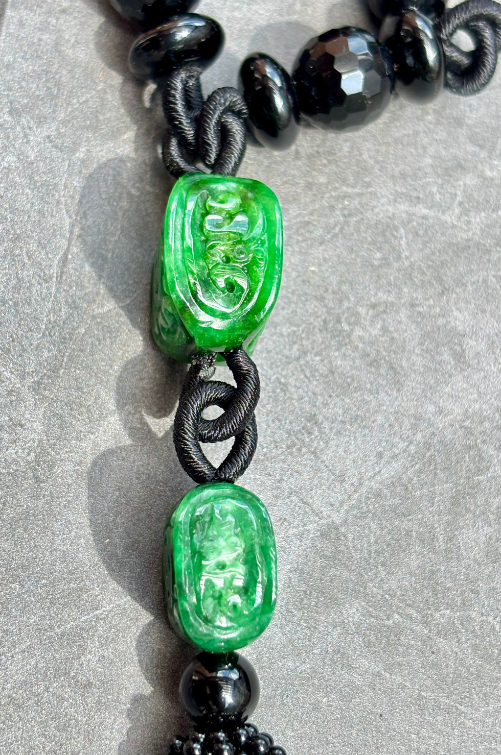 Vintage Long Carved Jadeite and Black Onyx Double-Strand Tassel Sautoir Necklace