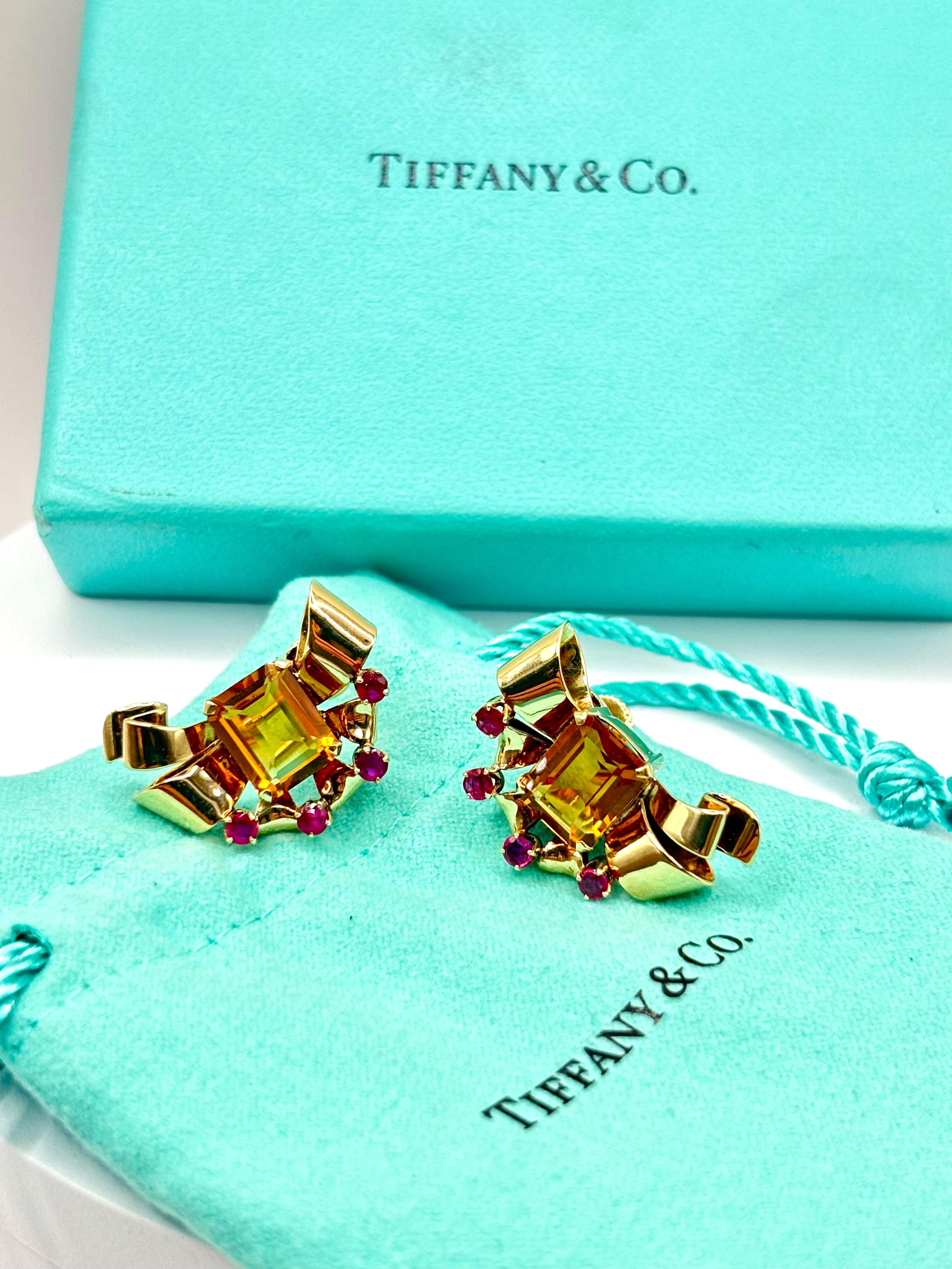 Tiffany & Co Retro 14 Karat Gold Citrine and Ruby Earrings, Circa 1940