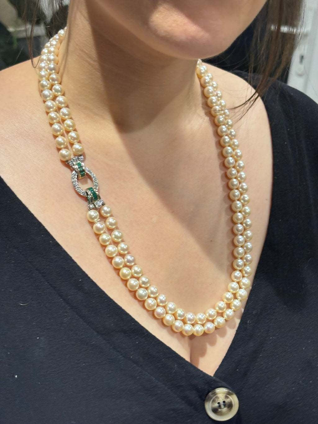Vintage Pearl Necklace Double Row Strand Akoya Pearls 18k Gold Diamonds Emeralds 1950