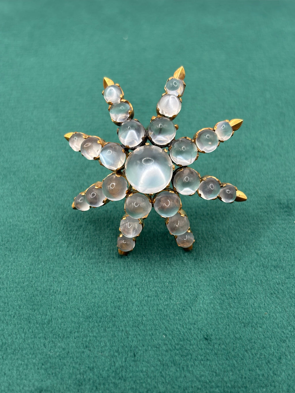 Antique Victorian 18K Gold Moonstone Eight-Ray Star Brooch, Circa 1890