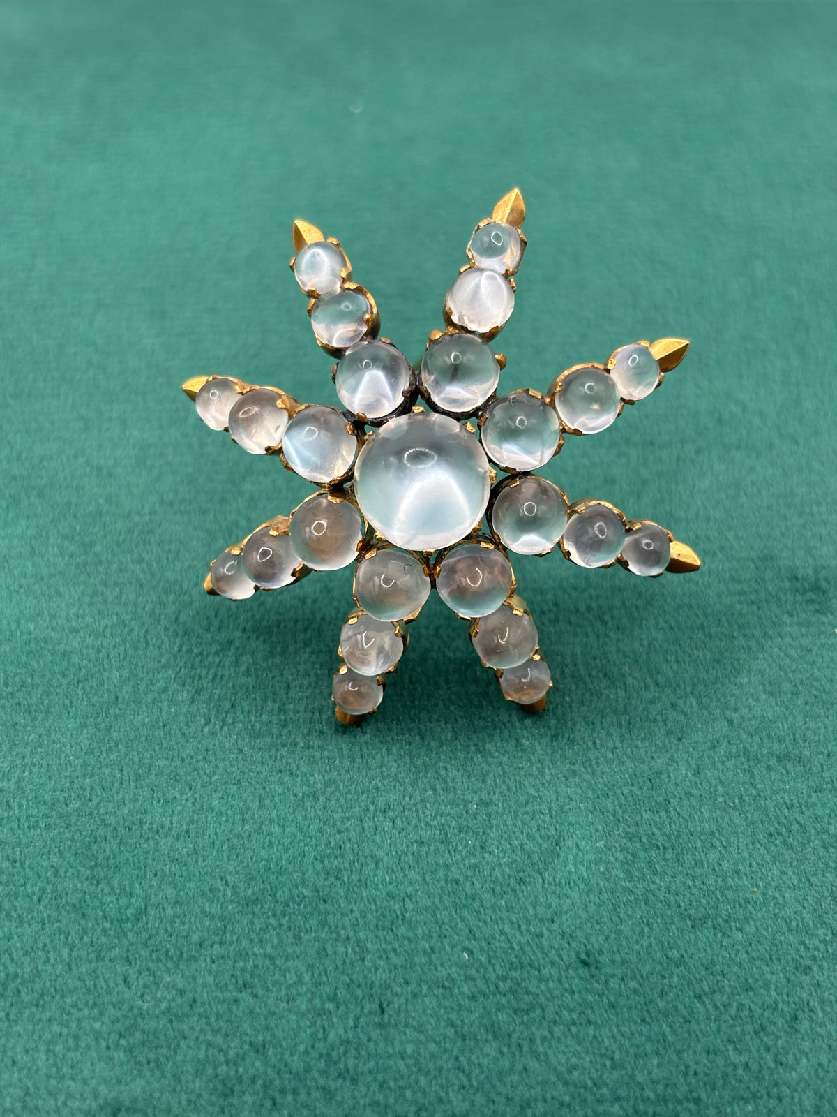 Antique Victorian 18K Gold Moonstone Eight-Ray Star Brooch, Circa 1890