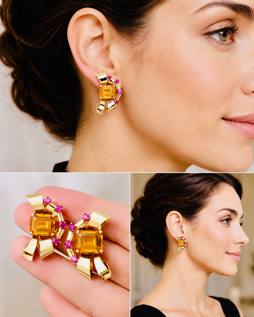 Tiffany & Co Retro 14 Karat Gold Citrine and Ruby Earrings, Circa 1940