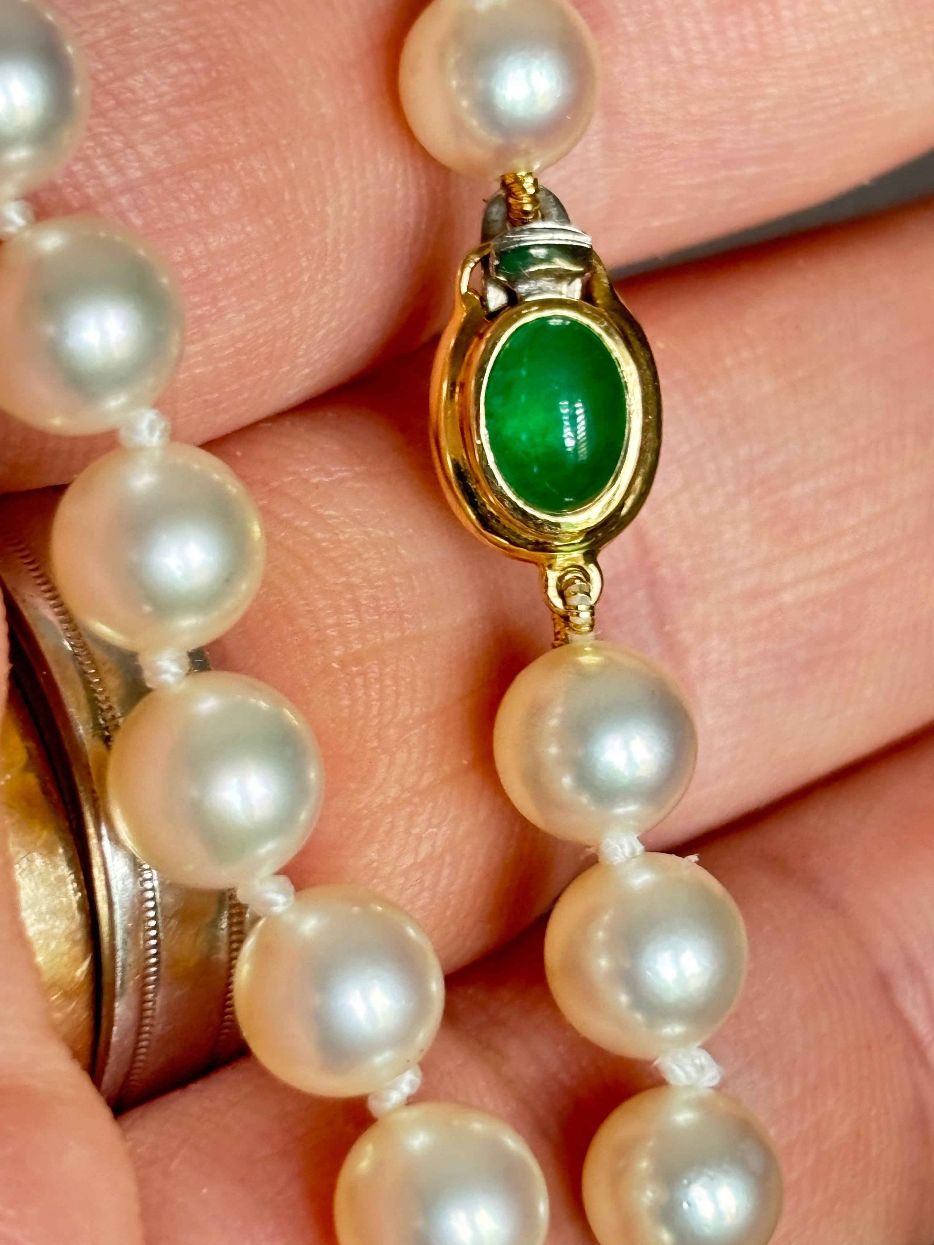 Long Japanese Akoya Cultured Pearl Opera Necklace, 18 Karat Gold Sapphire & Emerald Clasp, 98 cm