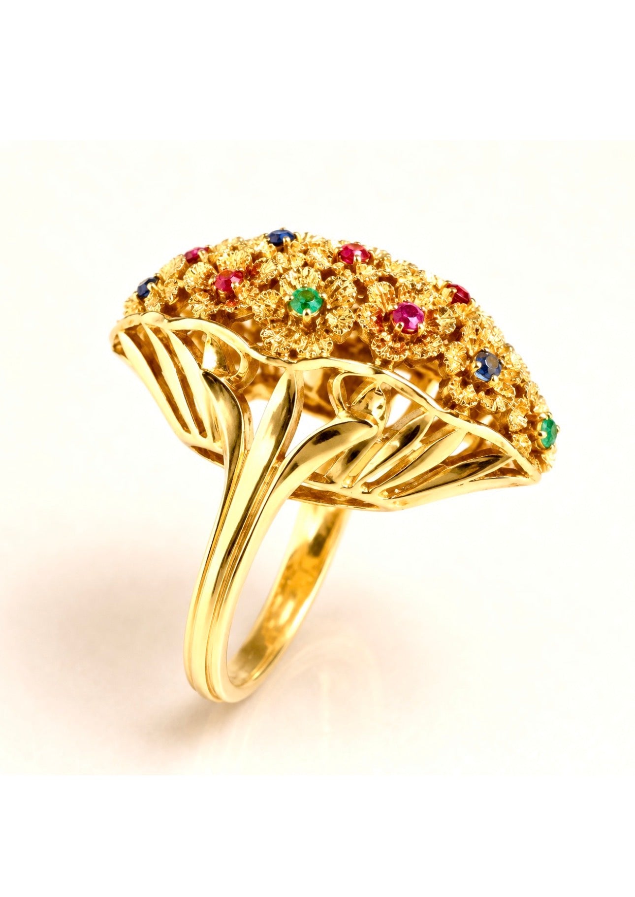 Vintage 18 Karat Gold 21 Flower Ruby Sapphire Emerald Sculptural Ring