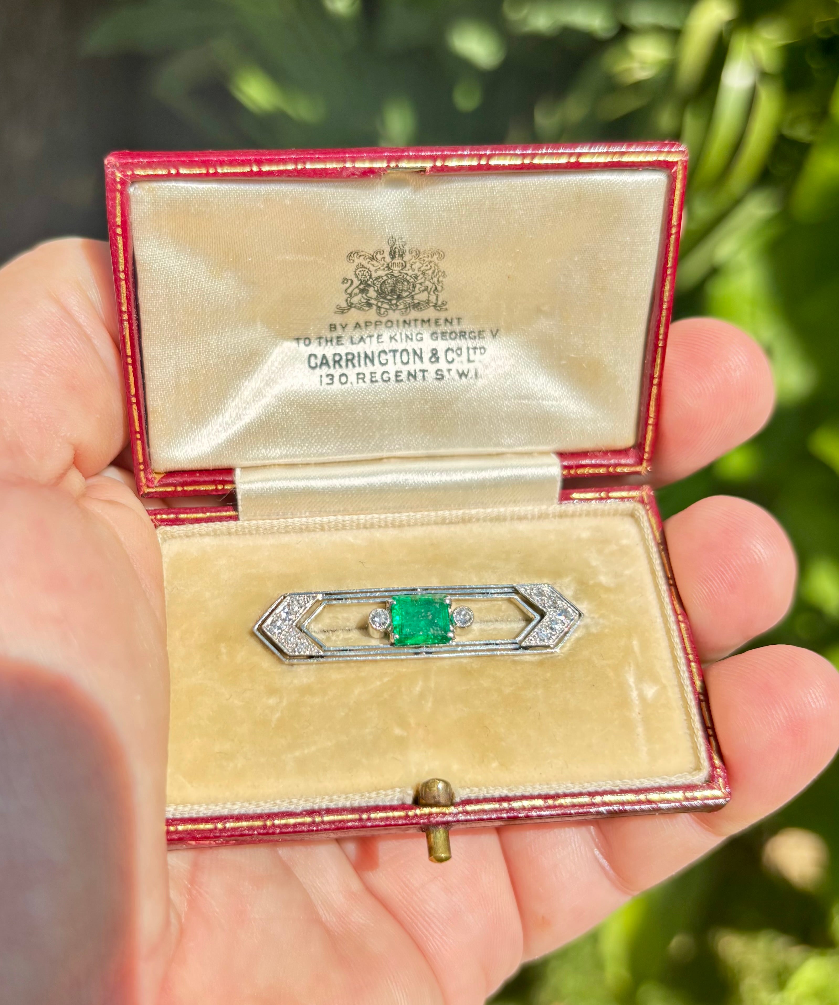 Art Deco Emerald Diamond Brooch, Carrington & Co. Fitted Case 1925-1935