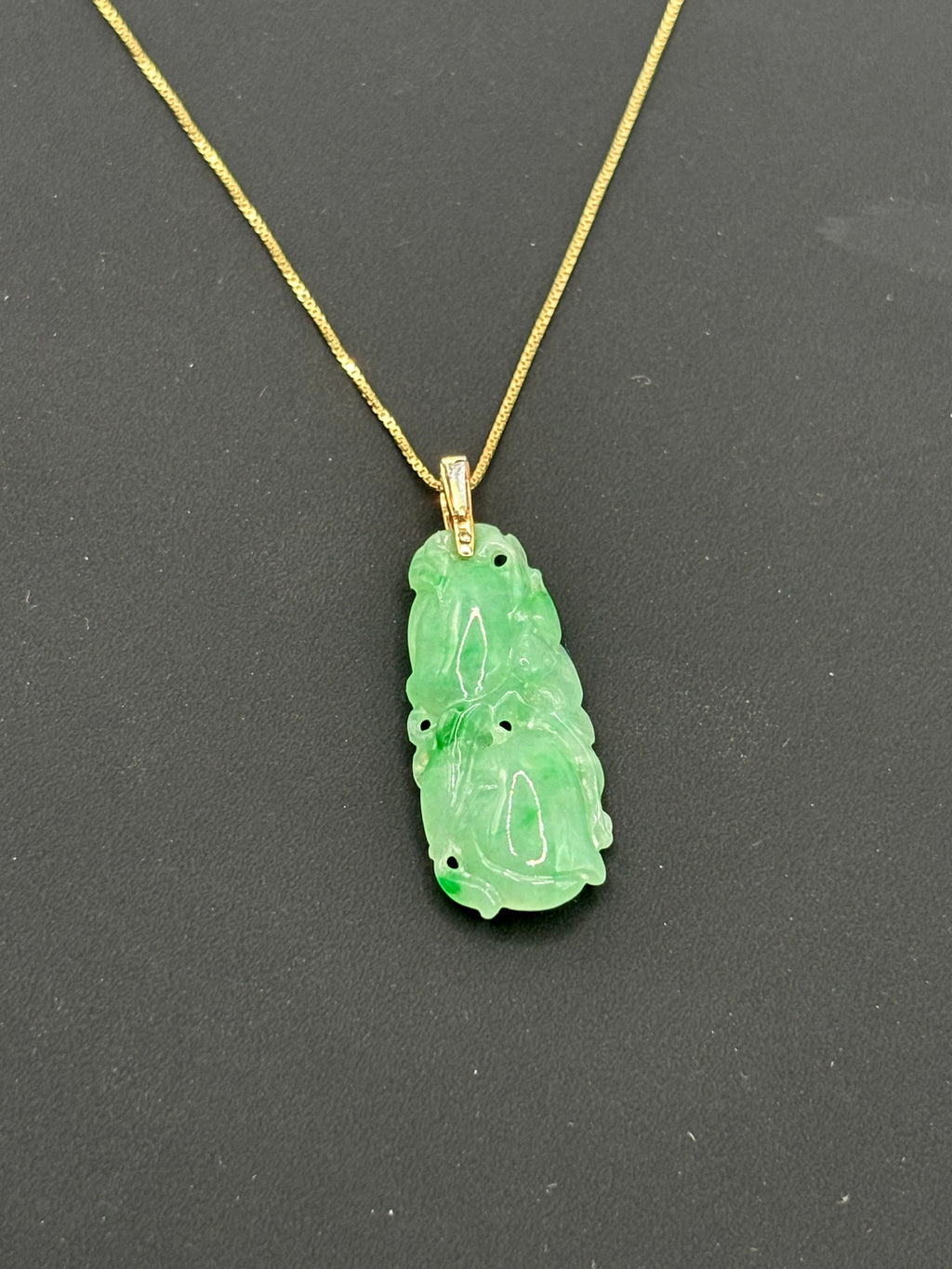 Natural Type A Jadeite Jade Carved Fruit Pendant, 14K Gold & Diamond, GCS Tested