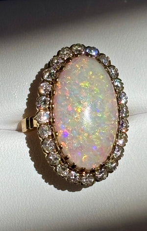 Vintage Large 8.50 carats Australian White Opal Diamond Cluster Ring in 18K Gold