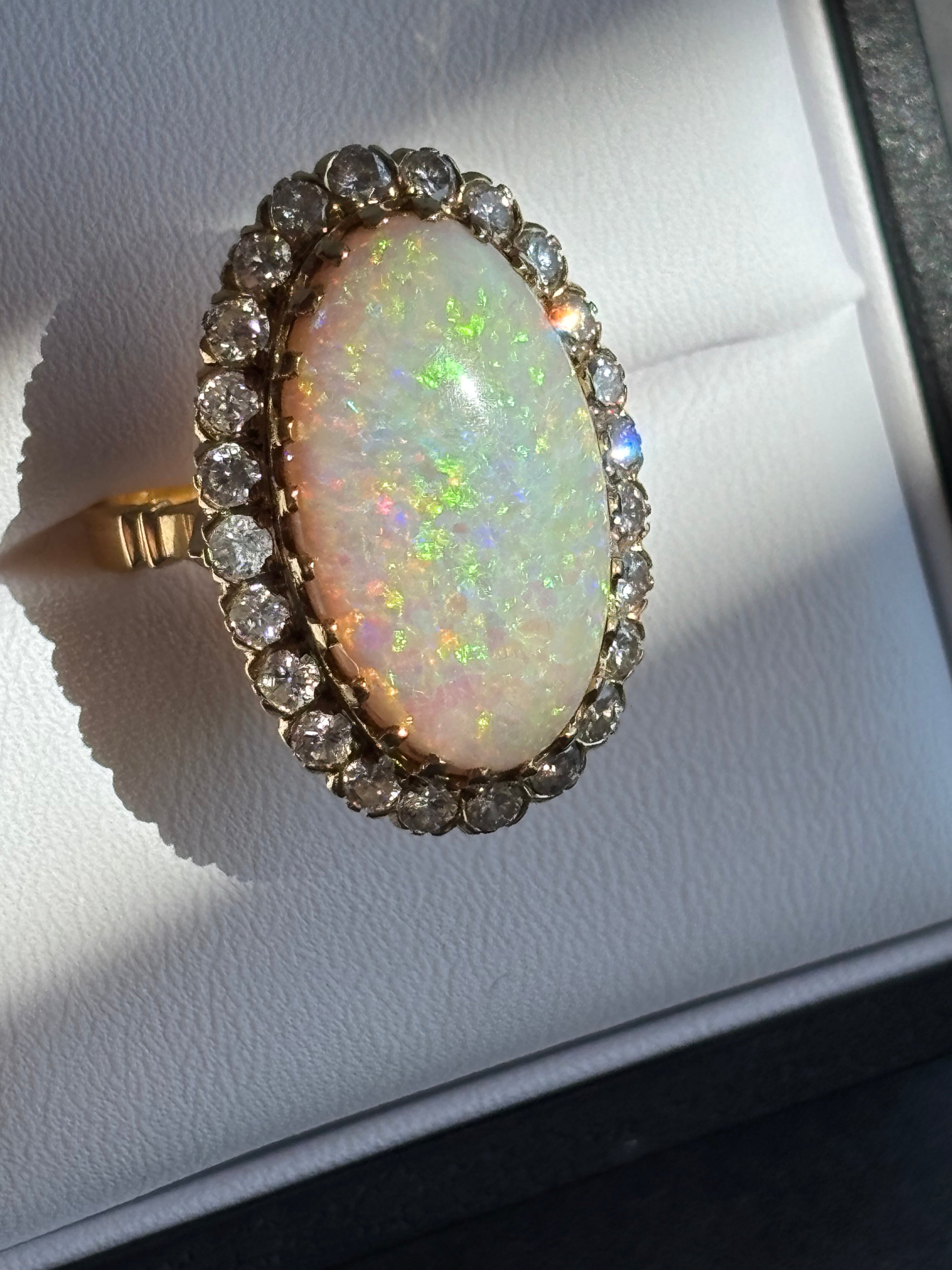 Vintage Large 8.50 carats Australian White Opal Diamond Cluster Ring in 18K Gold