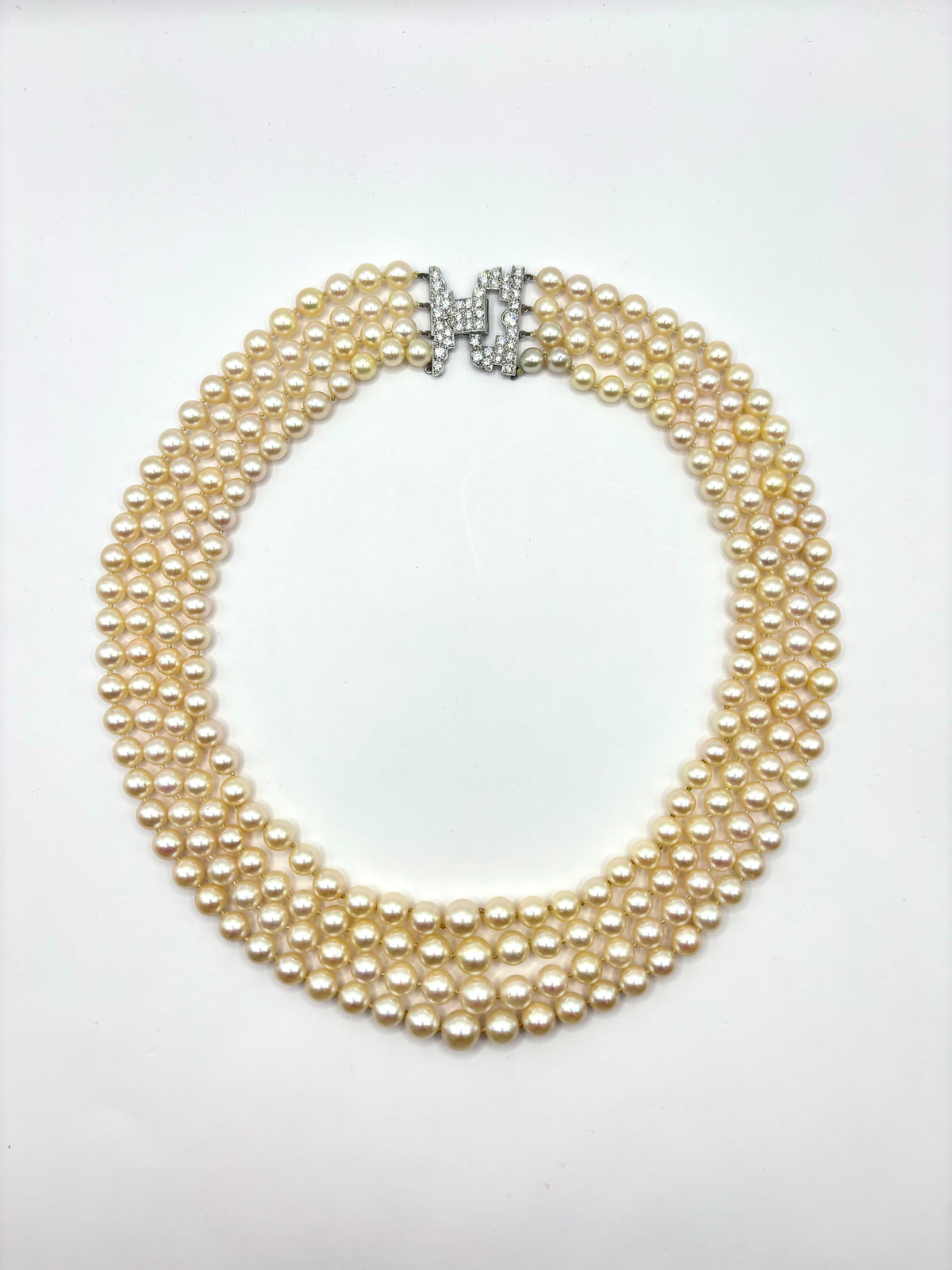 Long Vintage Four-Strand Akoya Pearl Necklace Art Deco Diamonds & Platinum Clasp 1950’s