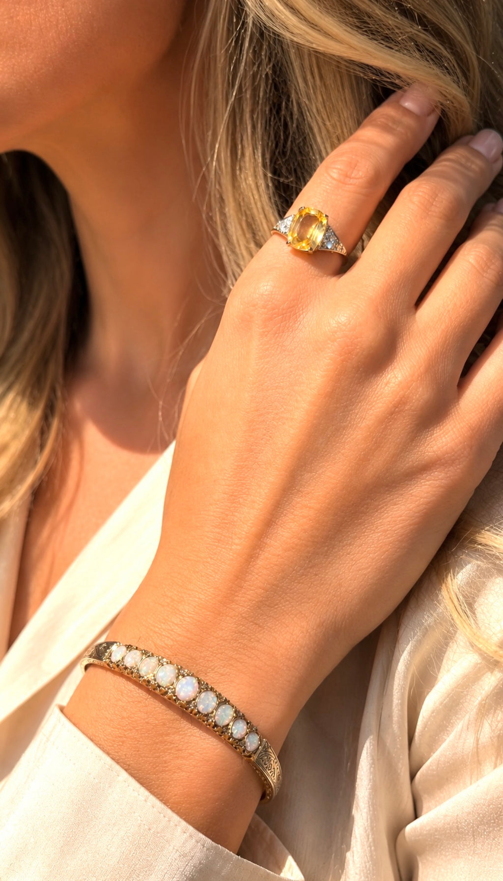 Vintage English 9 Carat Gold Opal and Diamond Victorian Revival Hinged Bangle Bracelet, London Hallmarks
