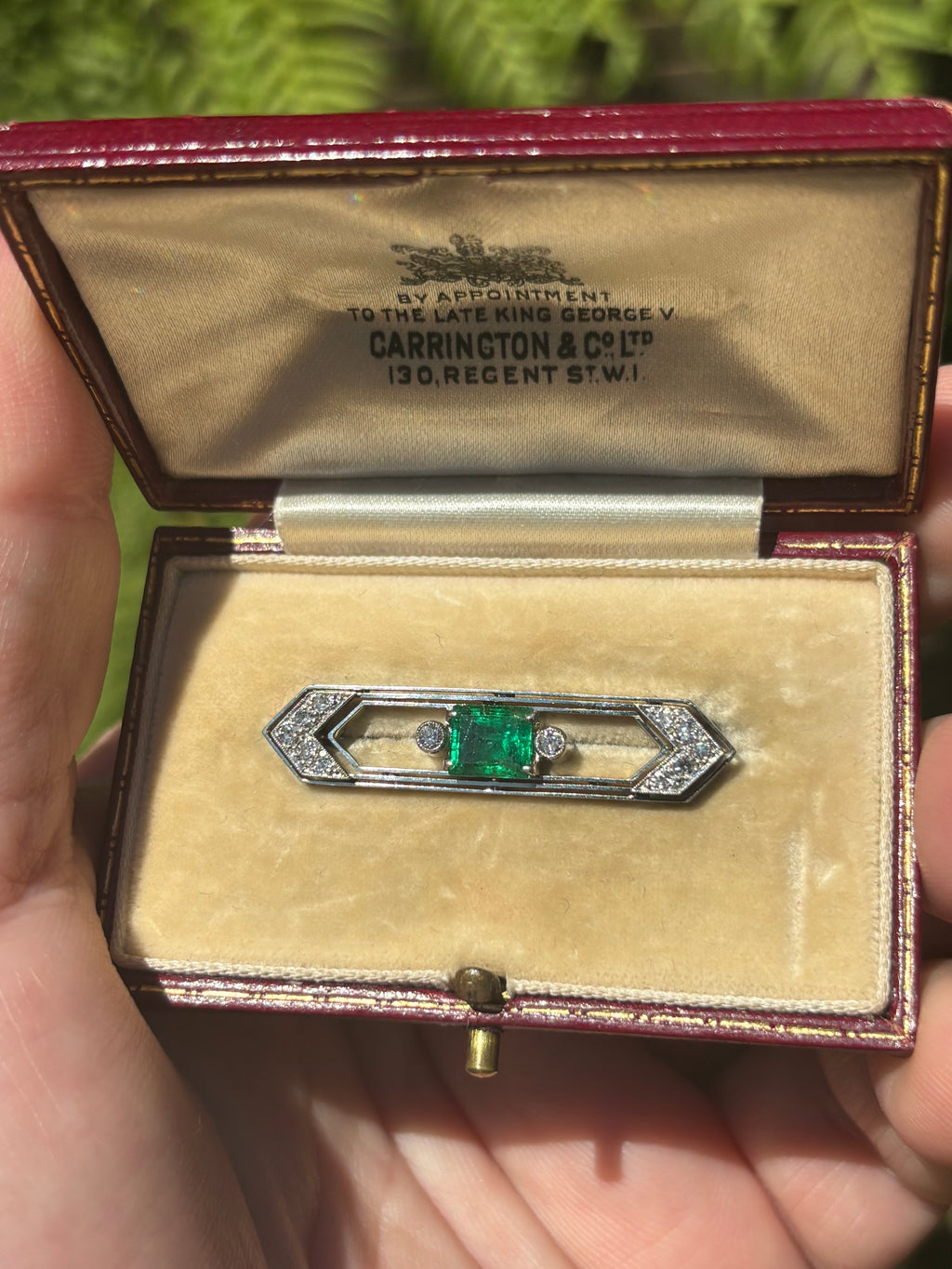 Art Deco Emerald Diamond Brooch, Carrington & Co. Fitted Case 1925-1935