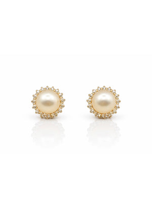 Vintage Pearl and Diamond Cluster Earrings, 9mm Pearls, 18ct Gold