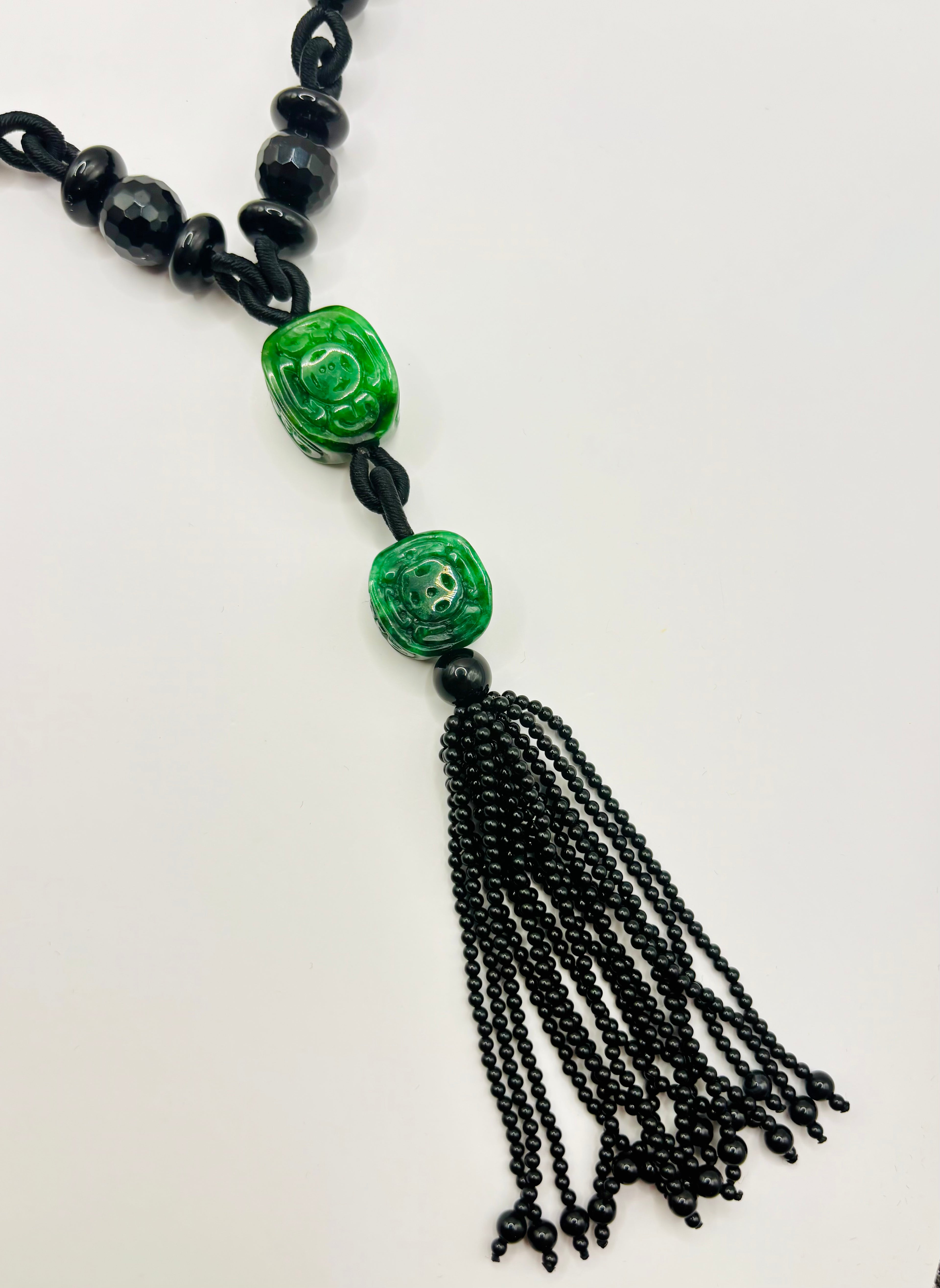 Vintage Long Carved Jadeite and Black Onyx Double-Strand Tassel Sautoir Necklace