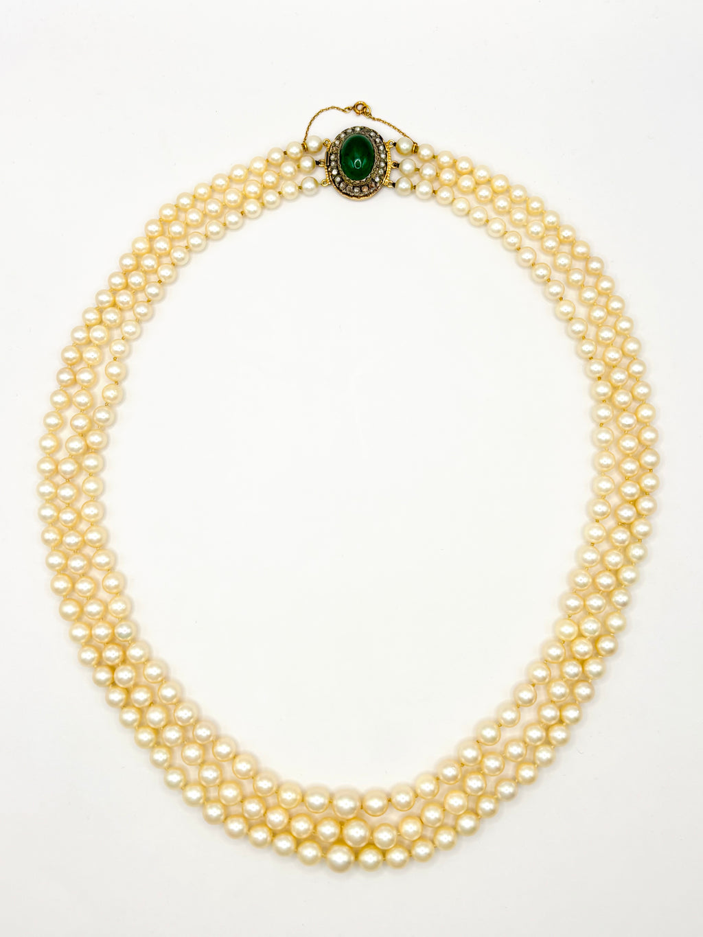 Three-Strand Japanese Akoya Pearl Necklace Late Victorian Diamond & Chrysoprase