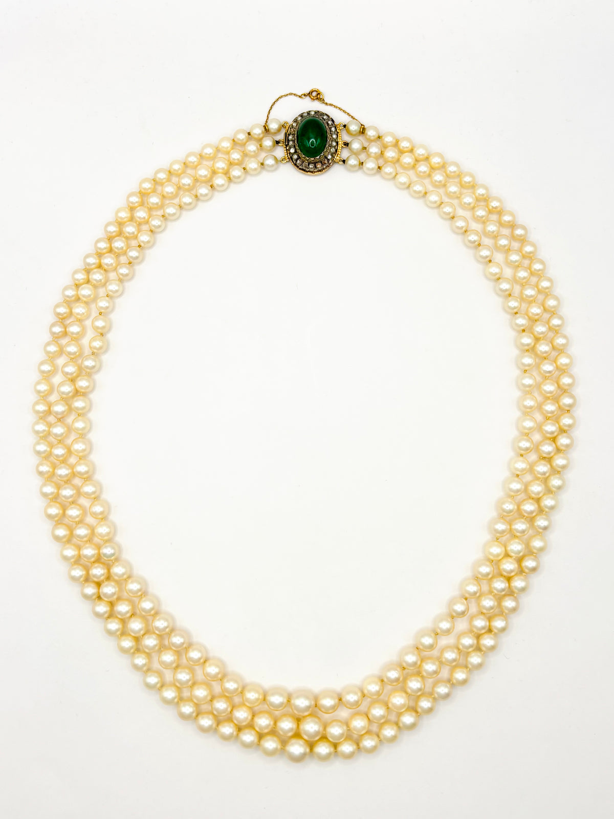 Three-Strand Japanese Akoya Pearl Necklace Late Victorian Diamond & Chrysoprase