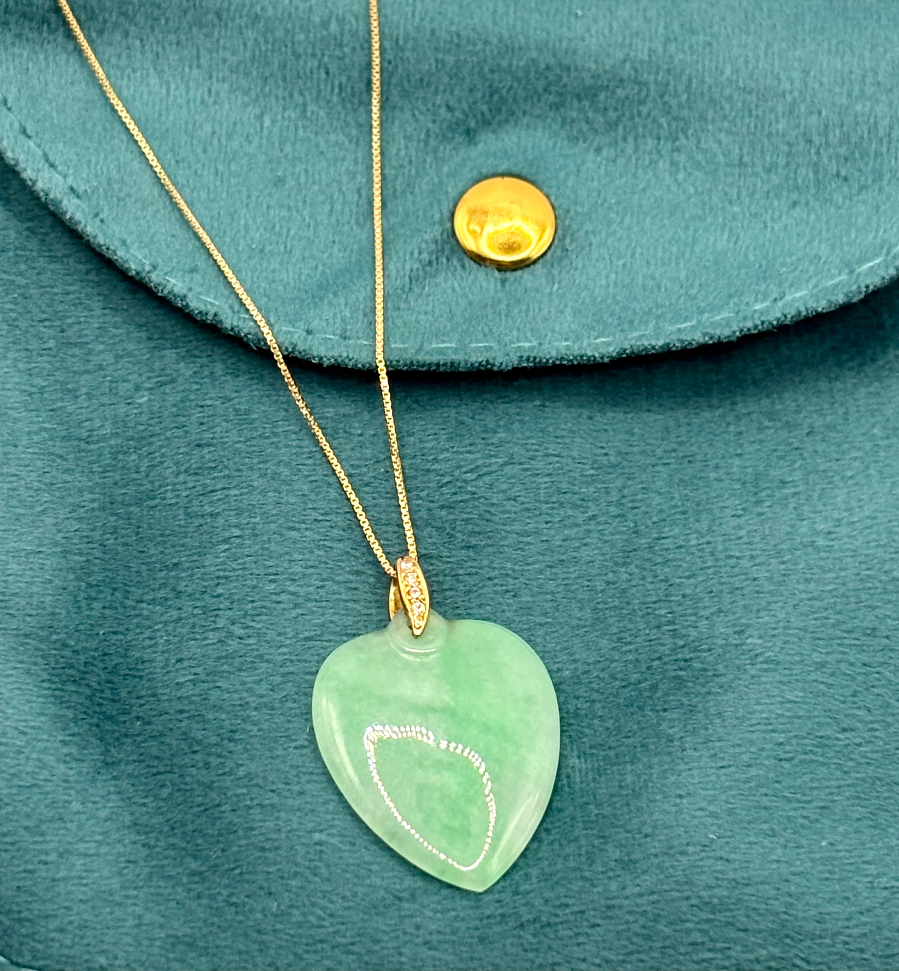 Natural Untreated Jadeite Jade Heart Pendant Diamonds 14K Gold GCS Certified