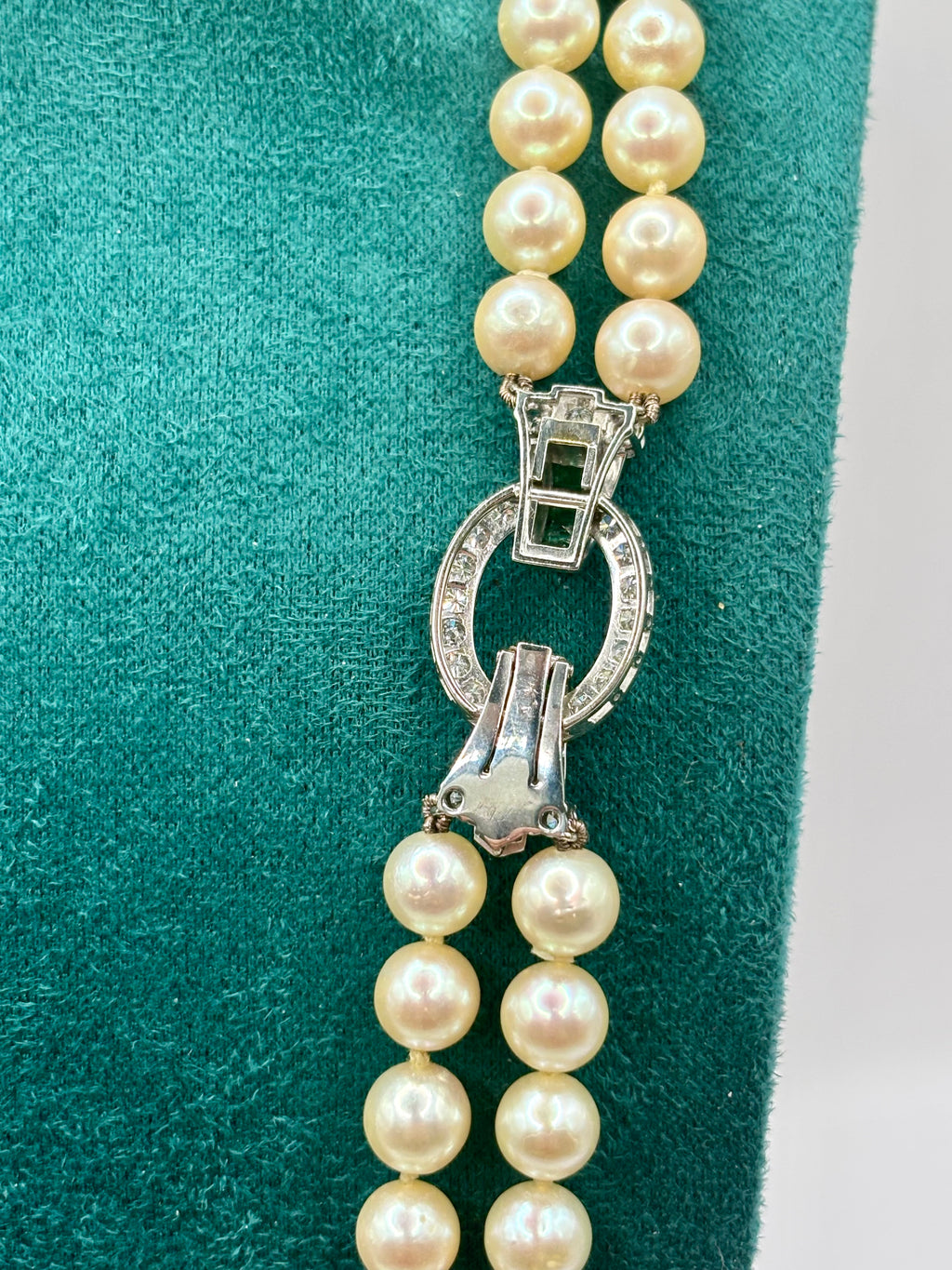Exceptional Mid-Century Double-Strand Akoya Pearl Necklace 18K Gold Emeralds and Diamonds