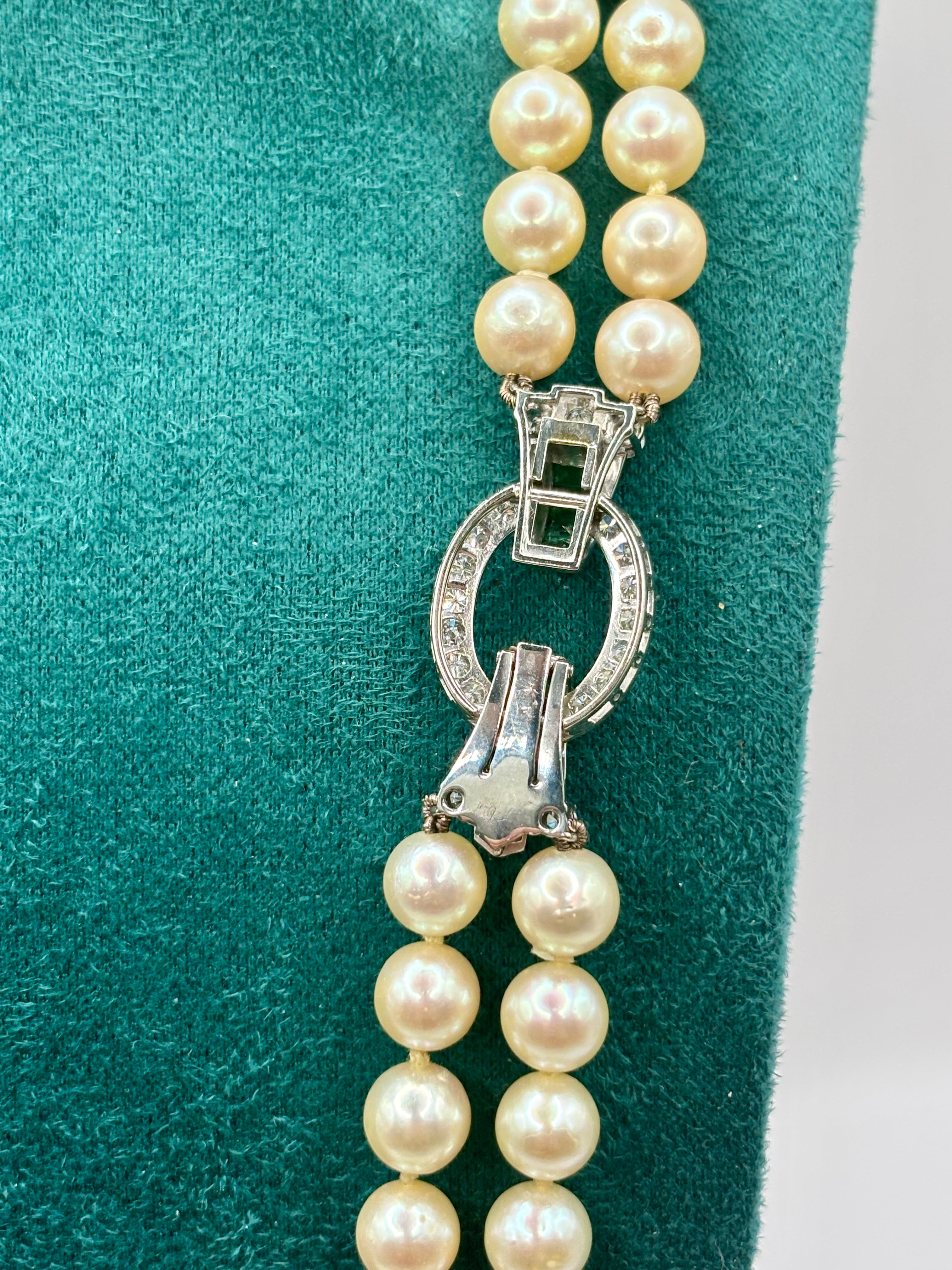 Exceptional Mid-Century Double-Strand Akoya Pearl Necklace 18K Gold Emeralds and Diamonds