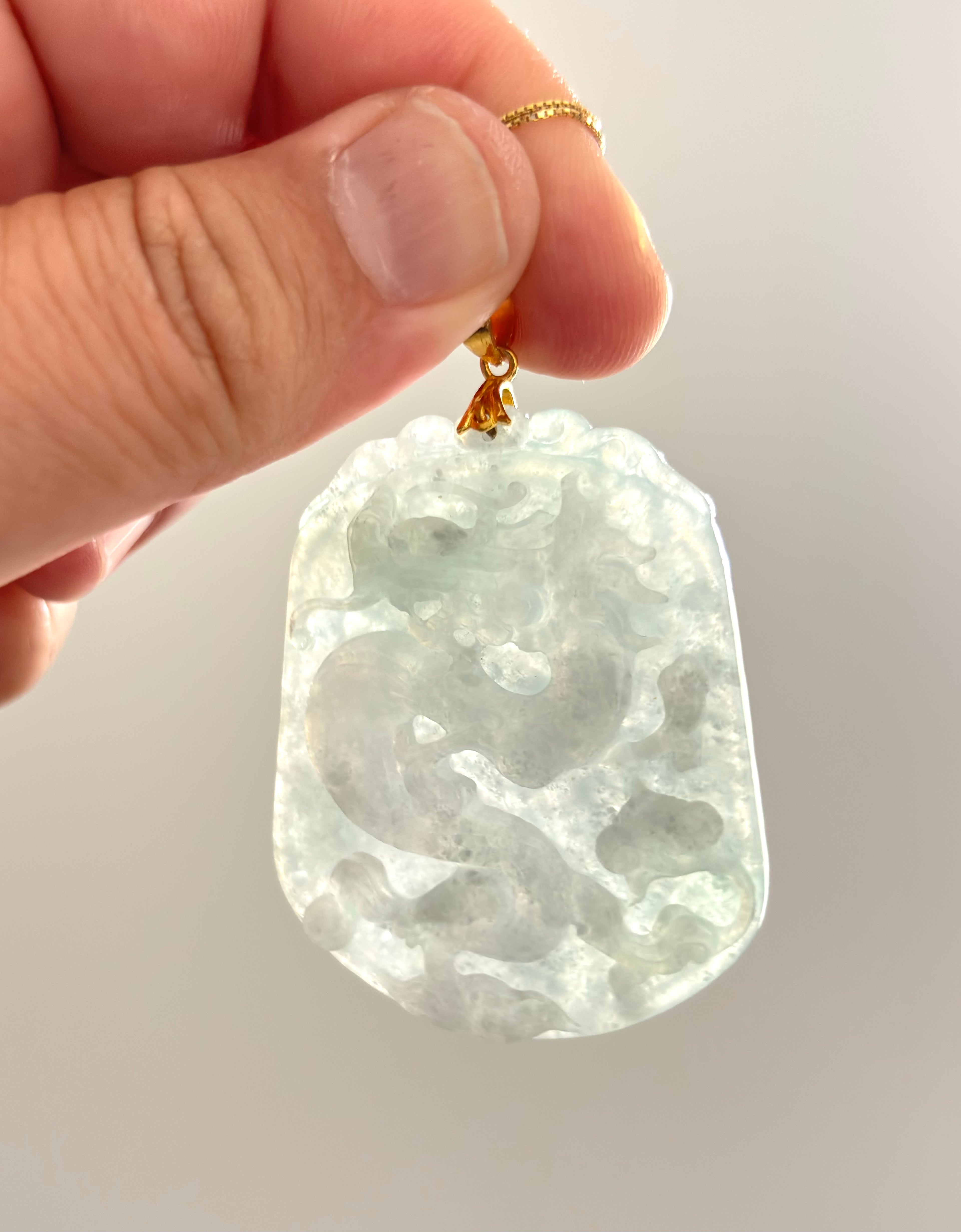 Large Vintage Carved Jadeite Jade Dragon Pendant 24K Fine Gold Bail, Certified