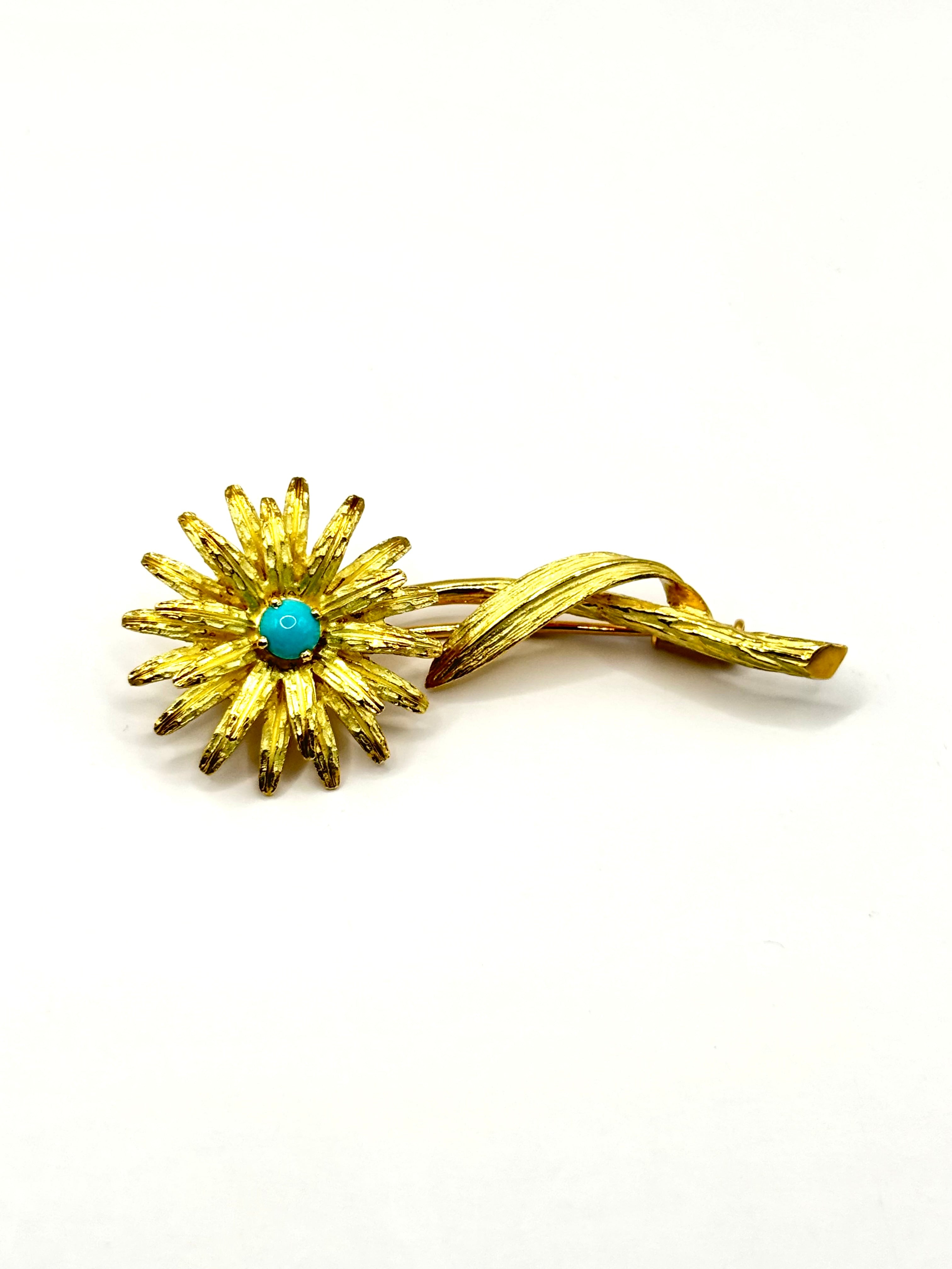Vintage Tiffany & Co. France Turquoise Flower Brooch in Textured 18K Gold, 1960