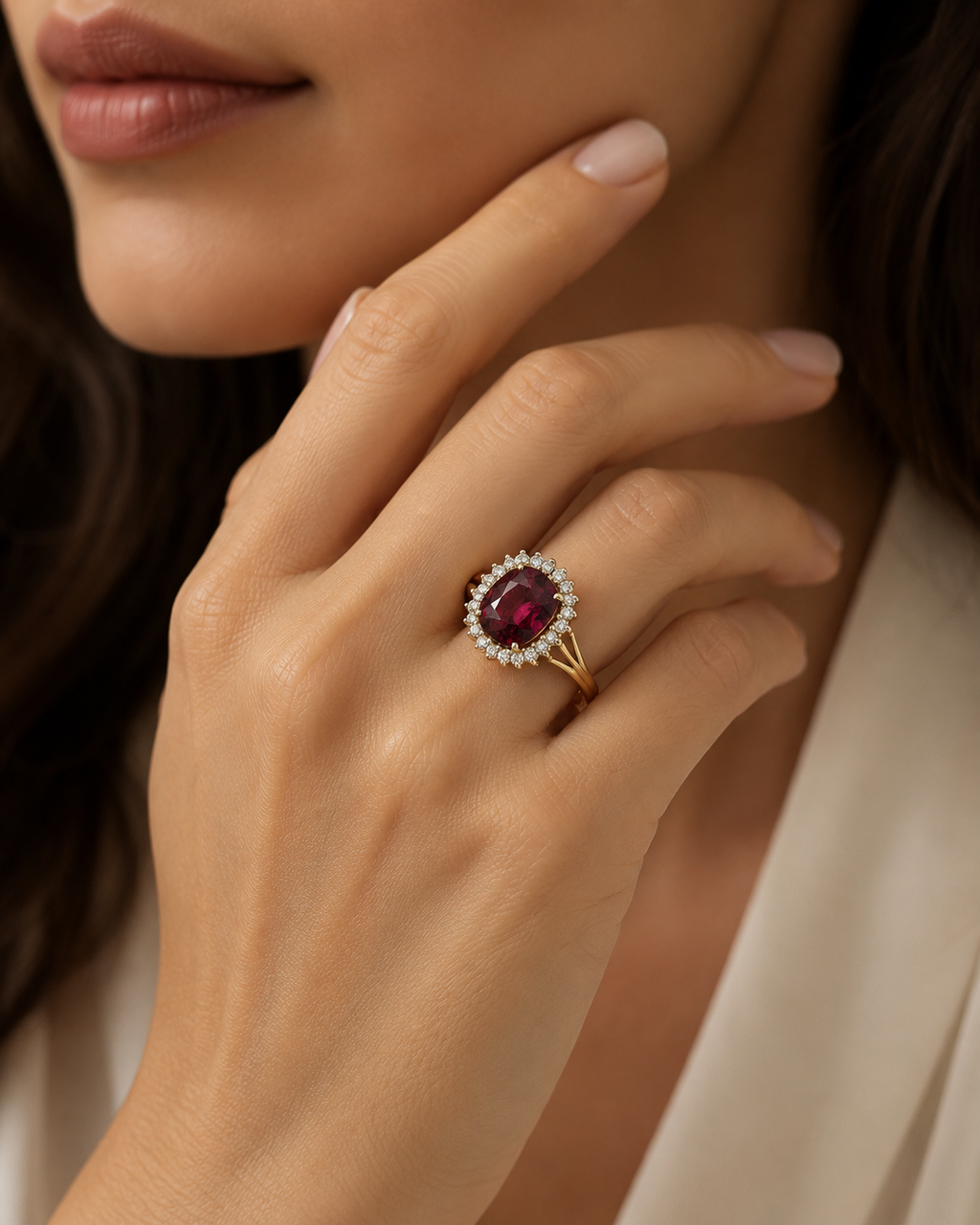 Exquisite Vintage Cocktail Ring 7.15 Carat Rhodolite Garnet with Diamonds in 18K Gold