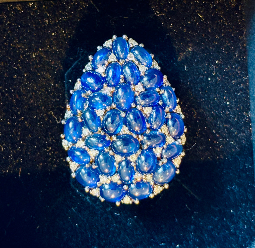 Natural Sapphire Cabochon and Diamond Statement Cocktail Ring, 13 Carats of Sapphires, 18K Gold & Silver
