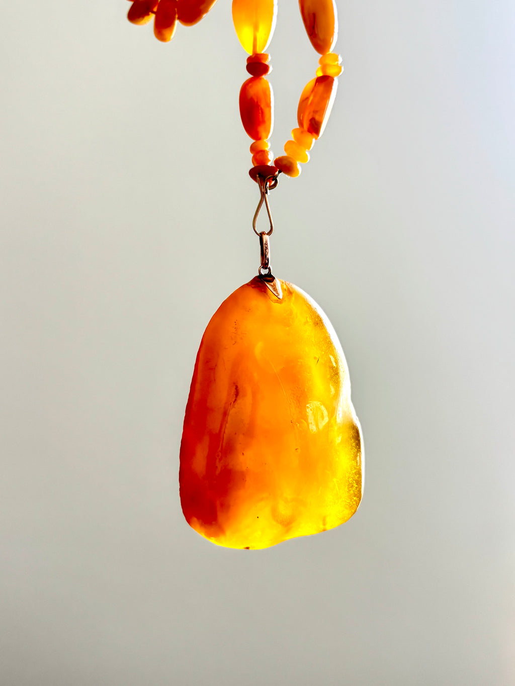 Vintage Baltic Amber Statement Necklace with Large Freeform Pendant, 9K Gold, Circa 1970
