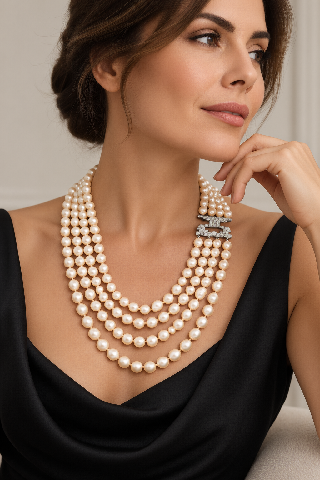 Long Vintage Four-Strand Akoya Pearl Necklace Art Deco Diamonds & Platinum Clasp 1950’s