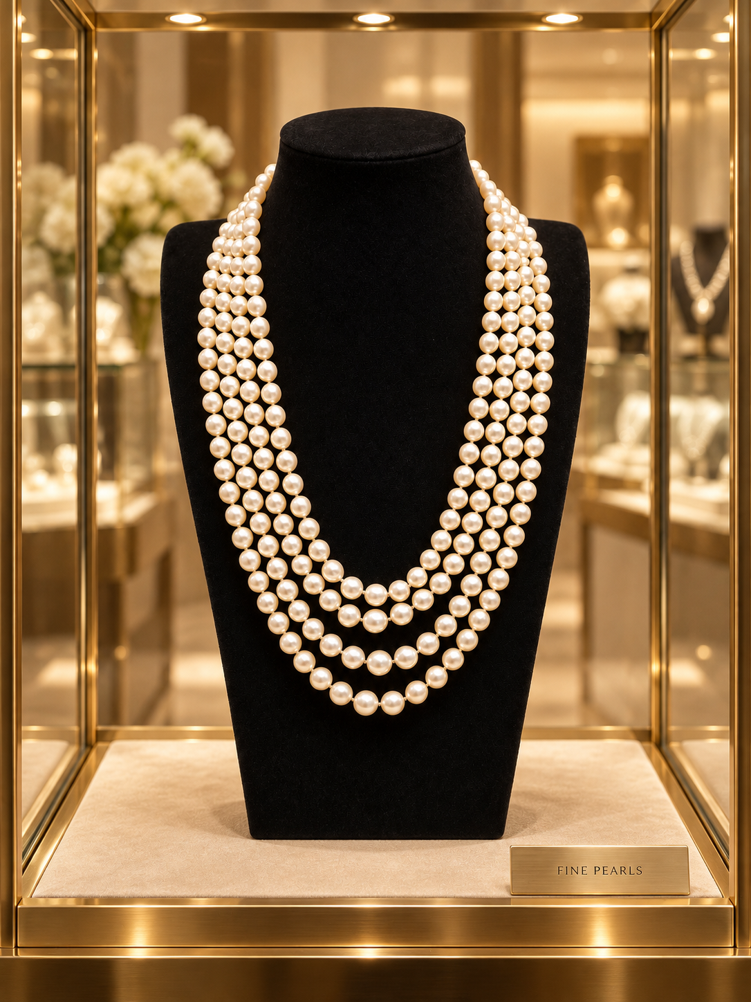 Long Vintage Four-Strand Akoya Pearl Necklace Art Deco Diamonds & Platinum Clasp 1950’s