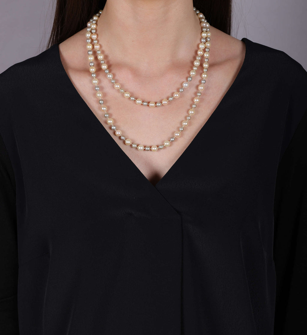 Vintage Two Tone Long Cultured Pearl Necklace 120 cm, 18K Gold Clasp - made in Italy