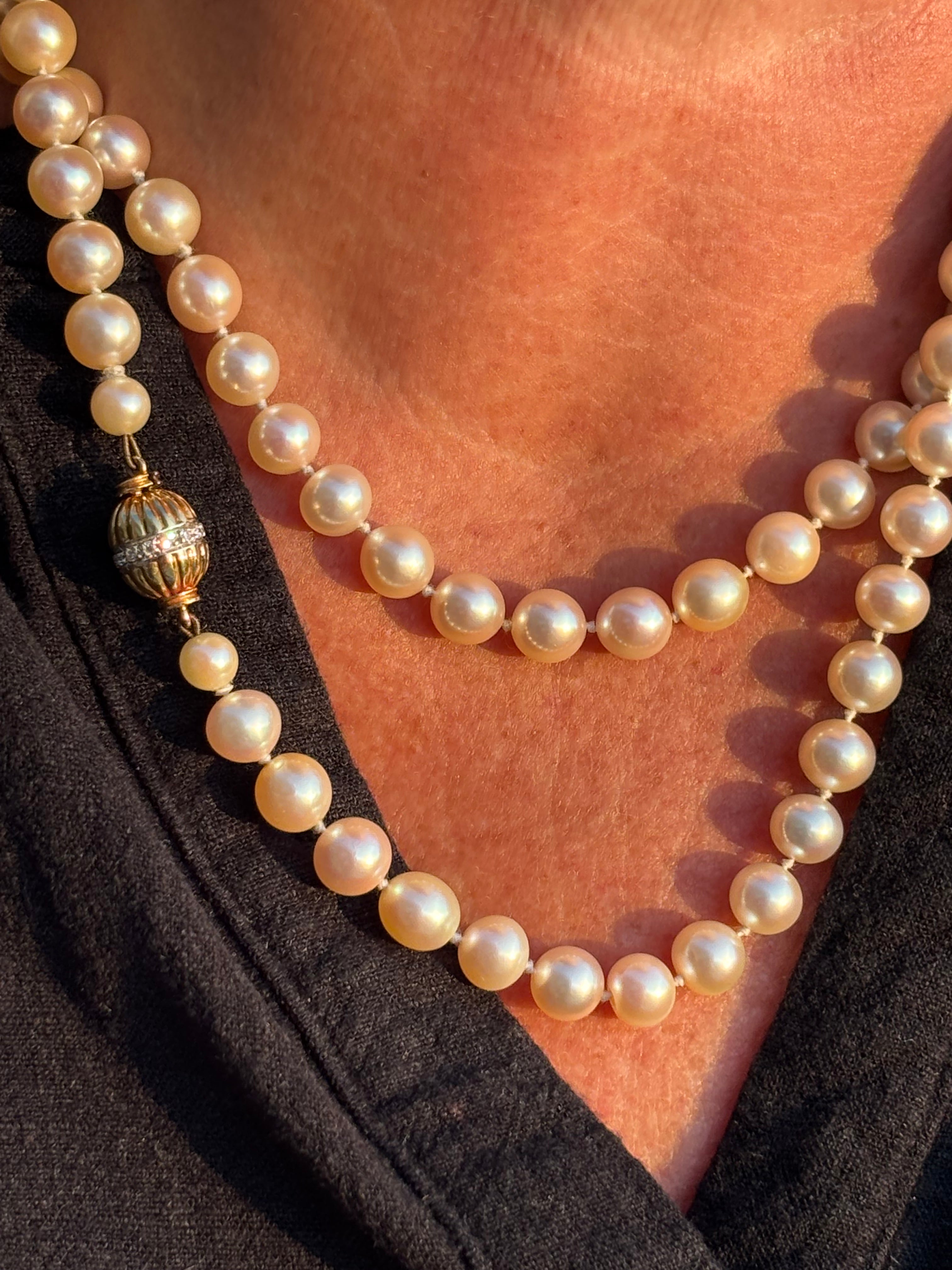 Exceptional Long Akoya Pearl Necklace, 97cm, 8mm Pearls, Hallmarked 18K Gold