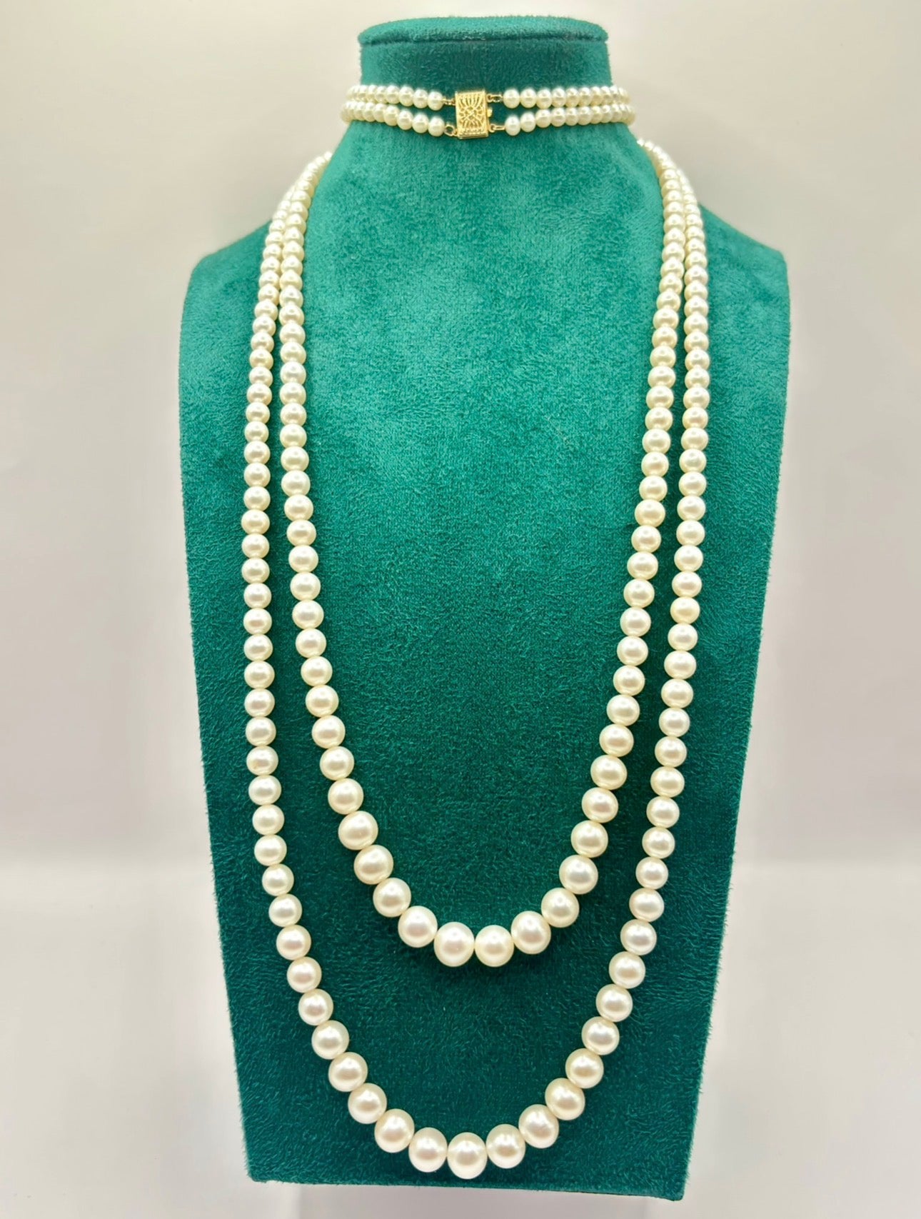 Vintage Graduated Cultured Pearl Double Opera Necklace with 14 Karat Gold Chisholm Hunter Clasp