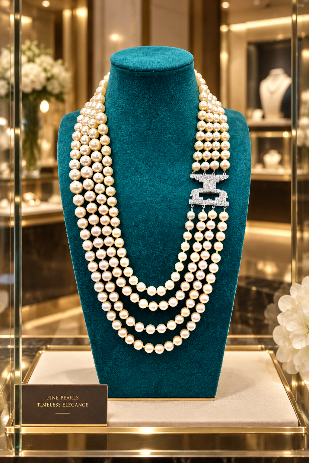 Long Vintage Four-Strand Akoya Pearl Necklace Art Deco Diamonds & Platinum Clasp 1950’s