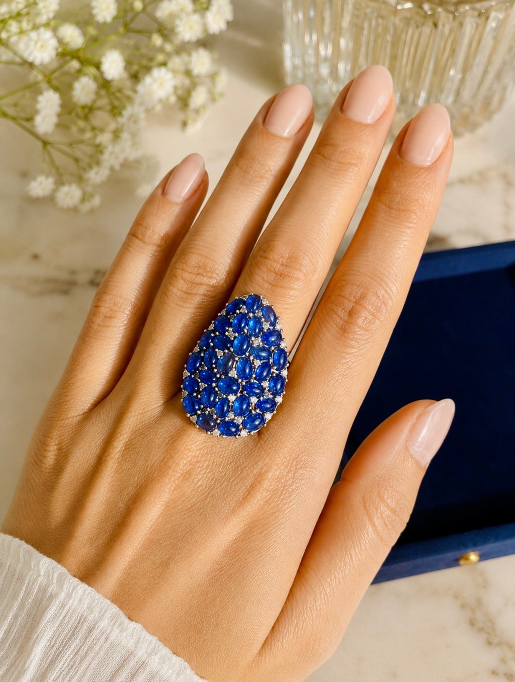 Natural Sapphire Cabochon and Diamond Statement Cocktail Ring, 13 Carats of Sapphires, 18K Gold & Silver