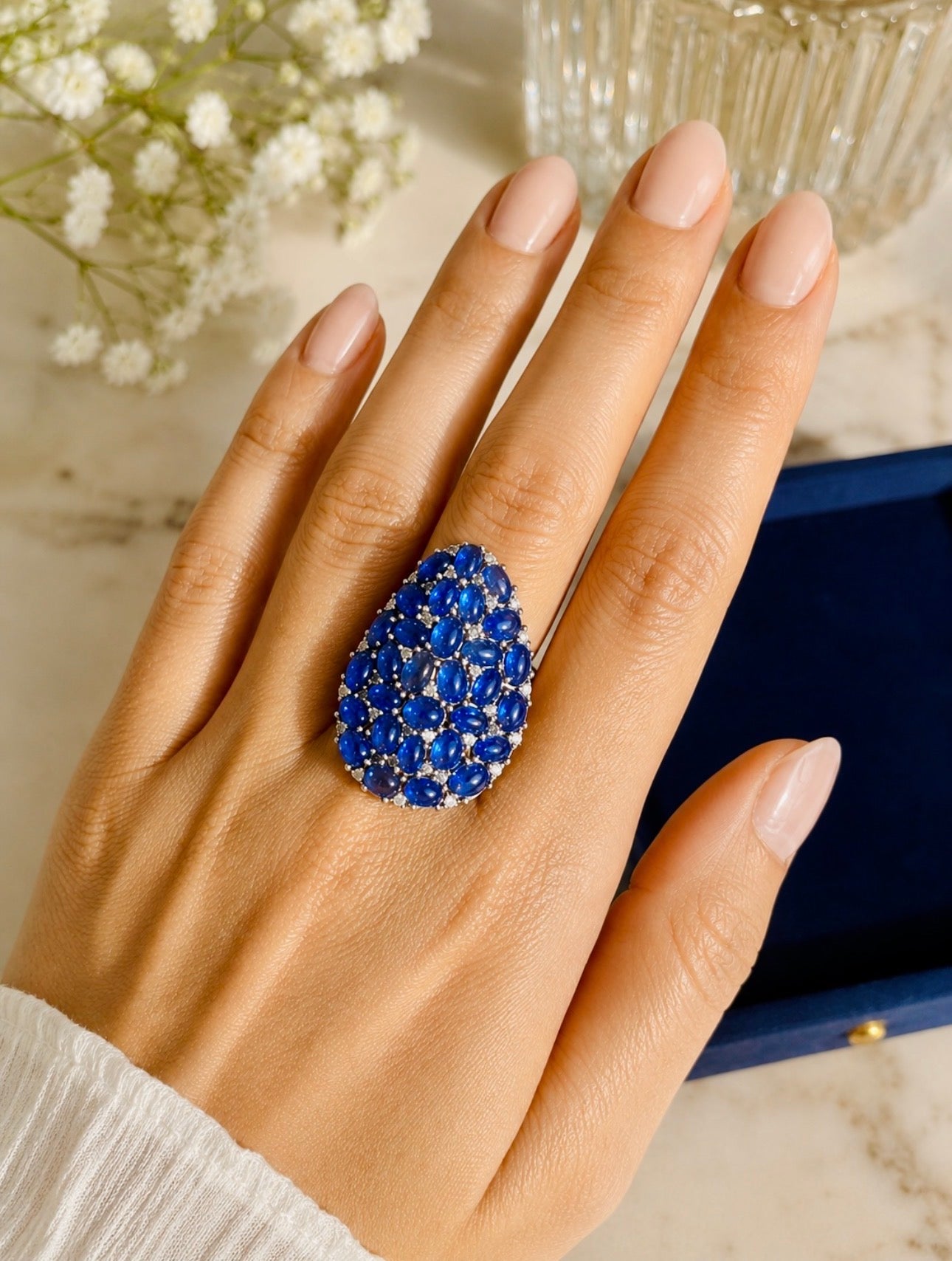 Natural Sapphire Cabochon and Diamond Statement Cocktail Ring, 13 Carats of Sapphires, 18K Gold & Silver