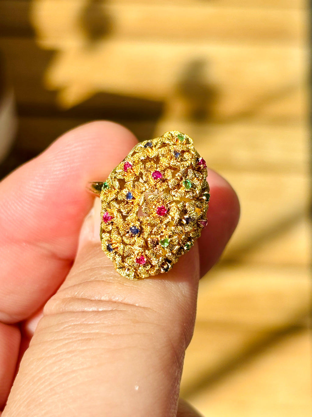 Vintage 18 Karat Gold 21 Flower Ruby Sapphire Emerald Sculptural Ring