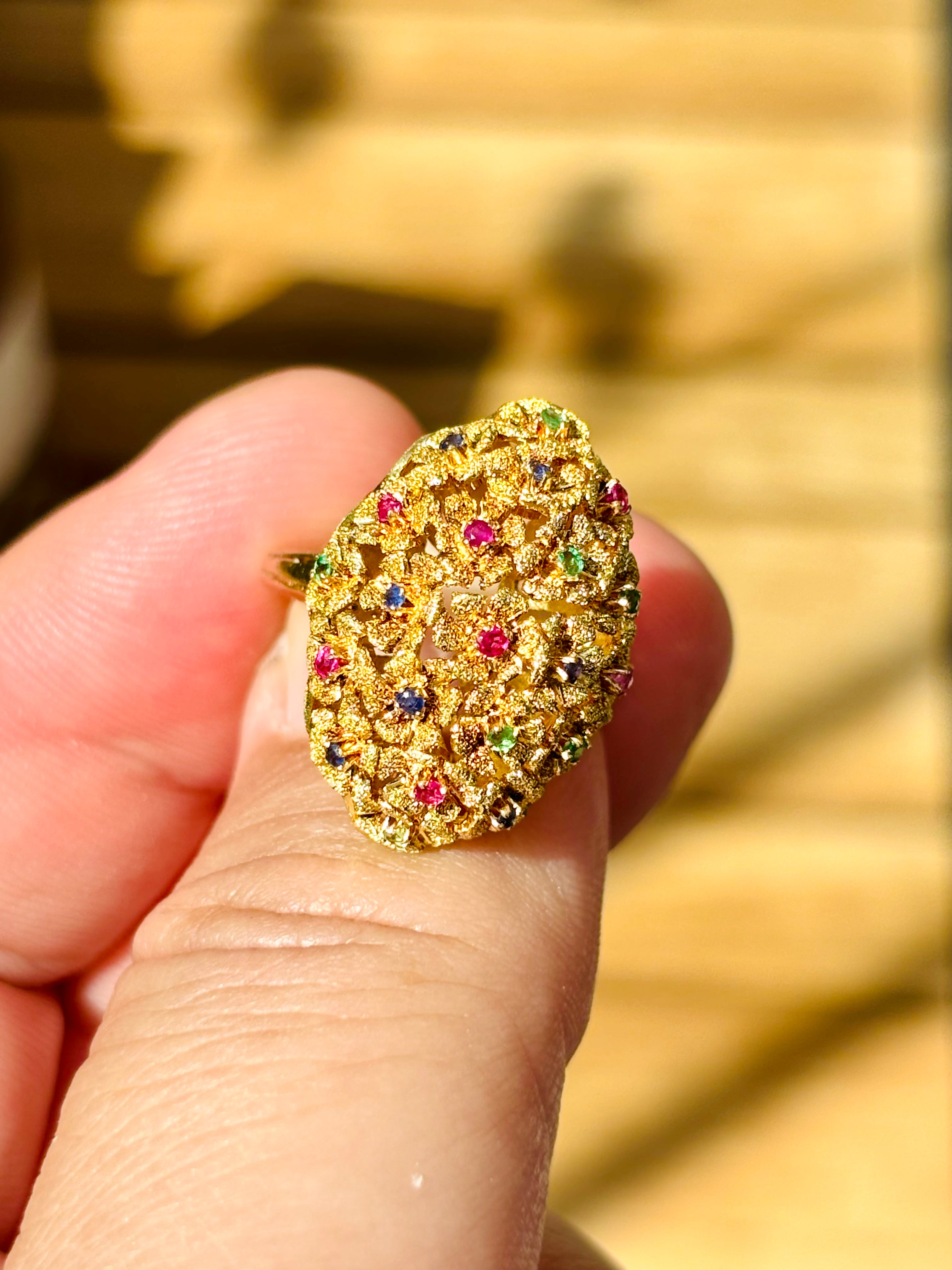 Vintage 18 Karat Gold 21 Flower Ruby Sapphire Emerald Sculptural Ring