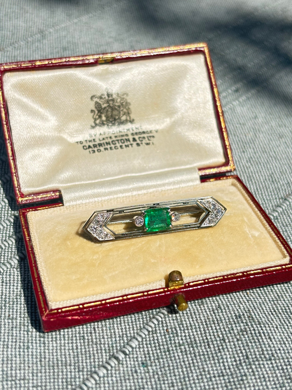 Art Deco Emerald Diamond Brooch, Carrington & Co. Fitted Case 1925-1935