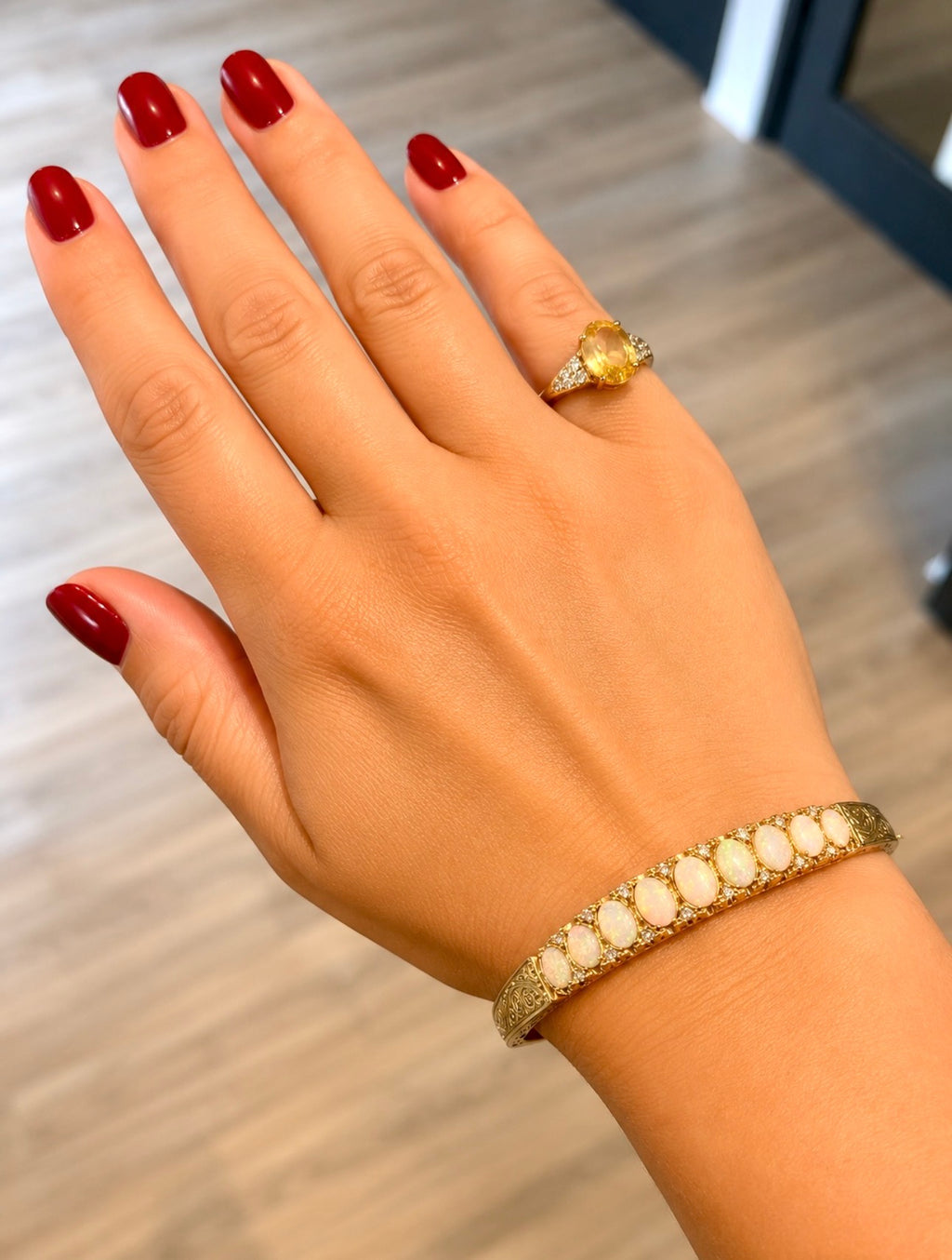 Vintage English 9 Carat Gold Opal and Diamond Victorian Revival Hinged Bangle Bracelet, London Hallmarks
