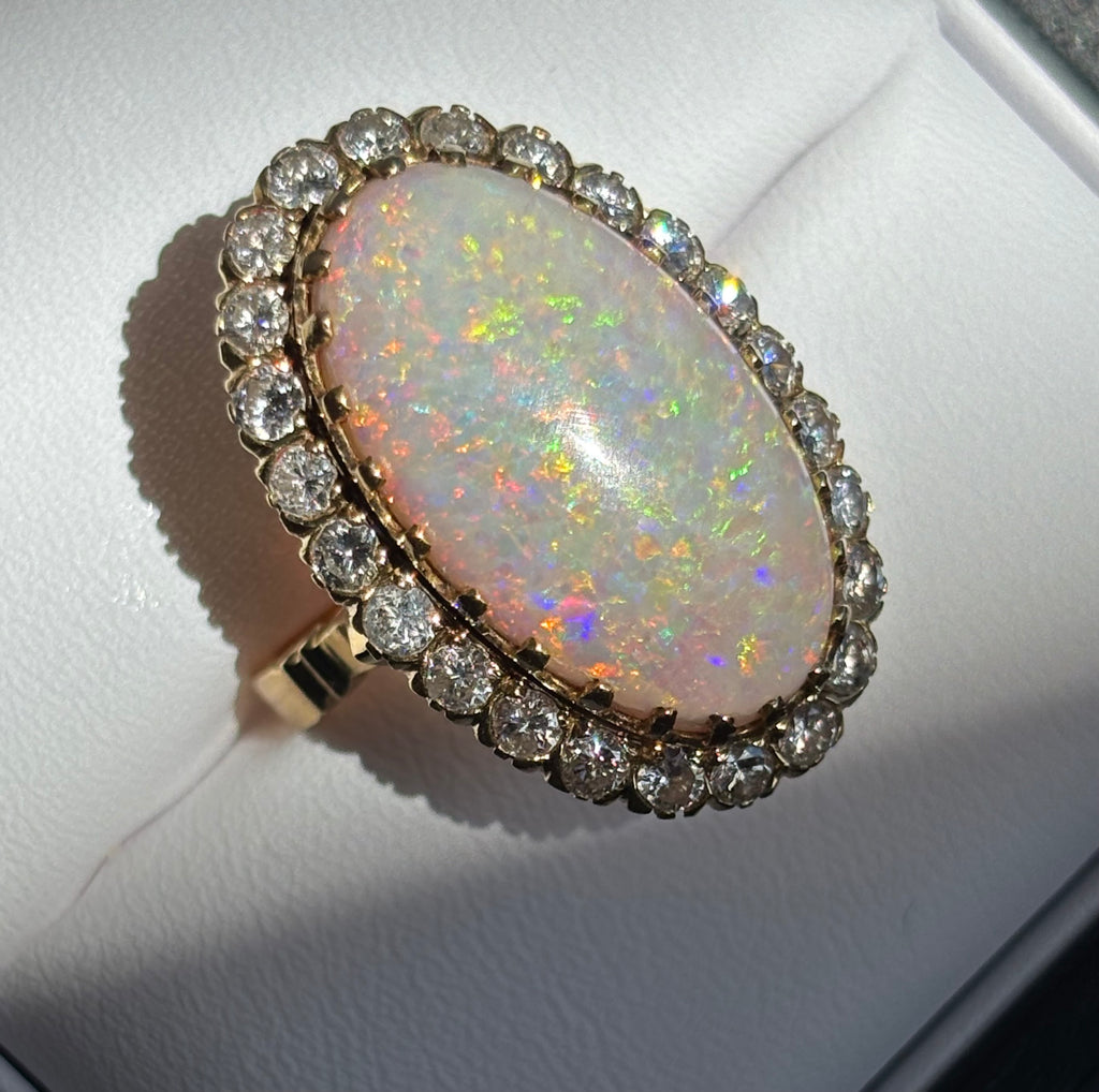 Vintage Large 8.50 carats Australian White Opal Diamond Cluster Ring in 18K Gold